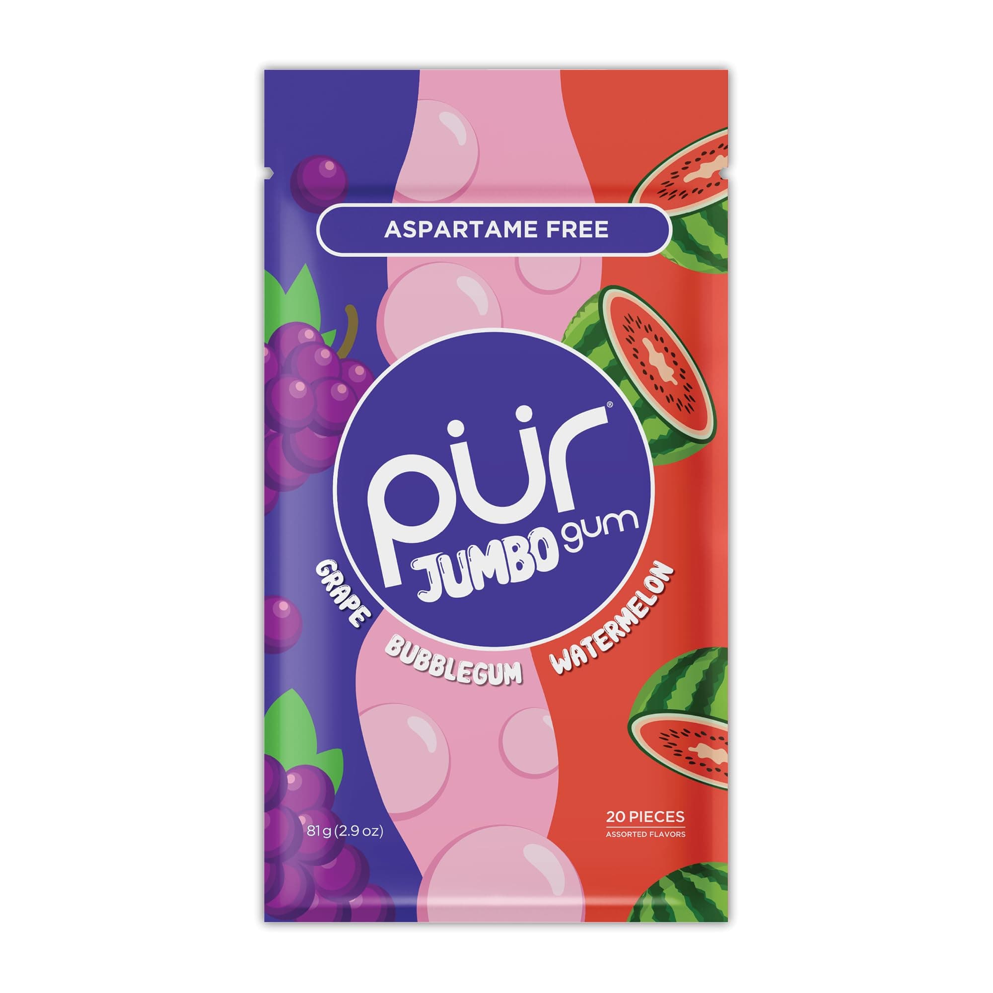 PUR Jumbo Gum | Aspartame Free Chewing Gum | Made with Xylitol | Natural Bubblegum, Grape, Watermelon Flavour, 20 Pieces (Pack of 1)