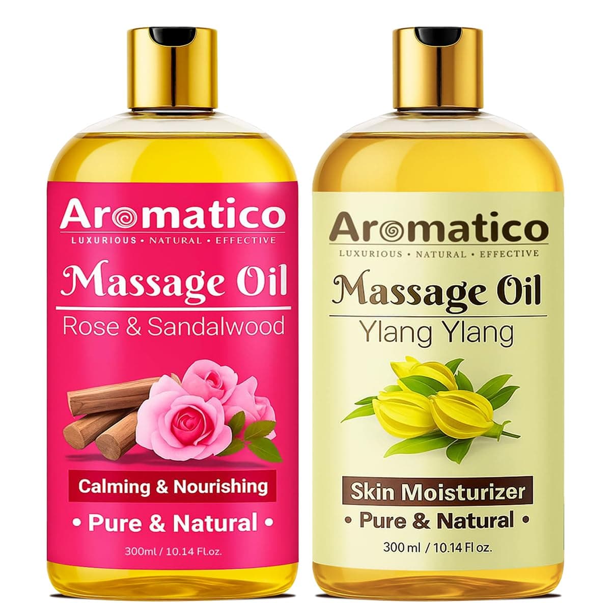 Rose Sandalwood & Ylang-Ylang Massage Oils Pack of 2. For Mood Upliftment, Muscle Relaxation & Skin Nourishment, 100% Natural, Non-Sticky - 300ml.