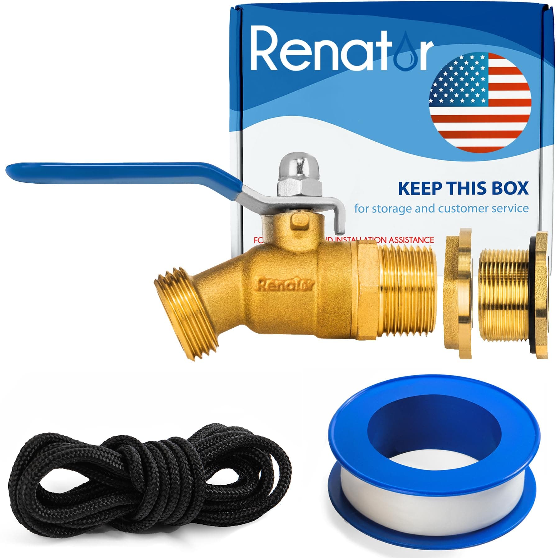 Renator P72-02440G Brass Spigot for Rain Barrel. Lead-Free Compliant, 3/4" Quarter Turn Ball Valve w/Bulkhead Fitting, Thread Tape, and Polyester Wire