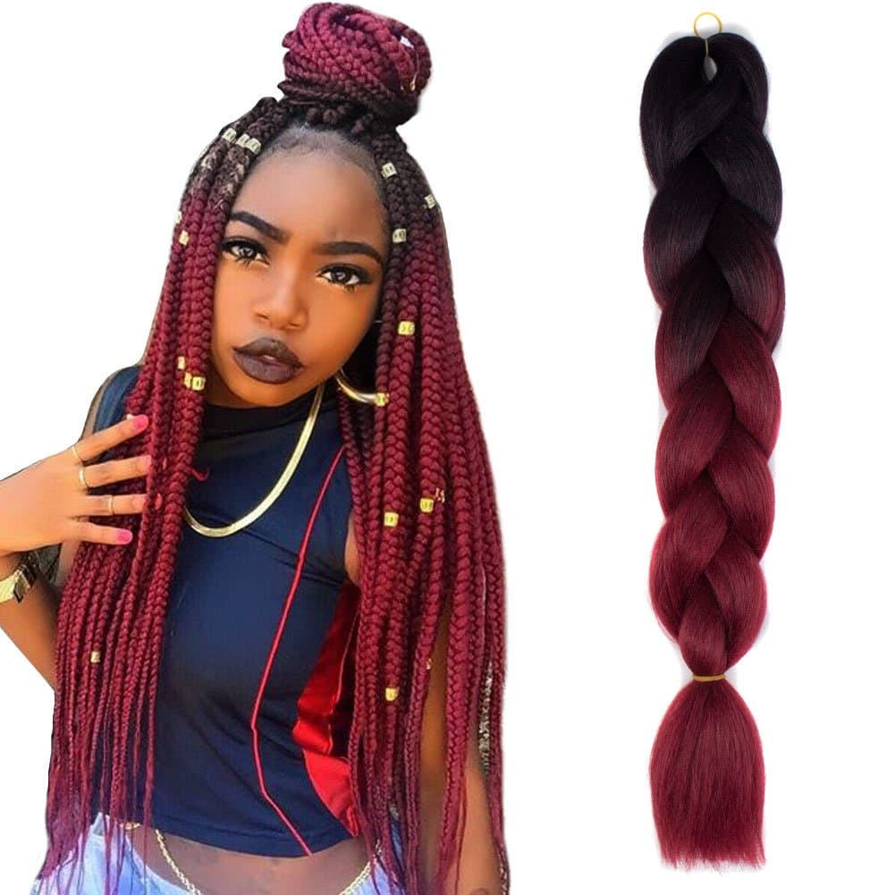 Huizheng Two Tone Ombre Jumbo Braid Hair Extension 4Pcs/Lot 100g/pc Kanekalon Fiber for Twist Braiding Hair (1B-Burgundy)