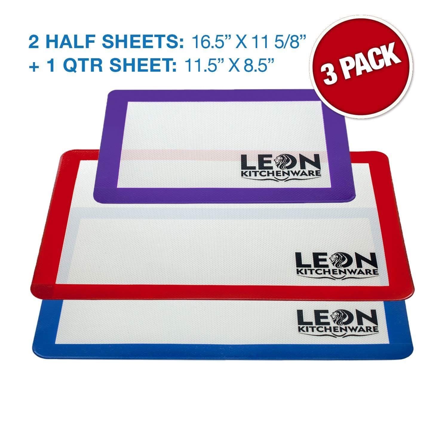 Silicone Baking Mat Set By Leon Kitchenware [3-Pack] | Non-Stick, Heat-Proof Cooking Sheets | Easy Clean, Dishwasher & Microwave Safe | Reusable, Food-Grade Silicone Oven Kitchenware | + Recipe eBook