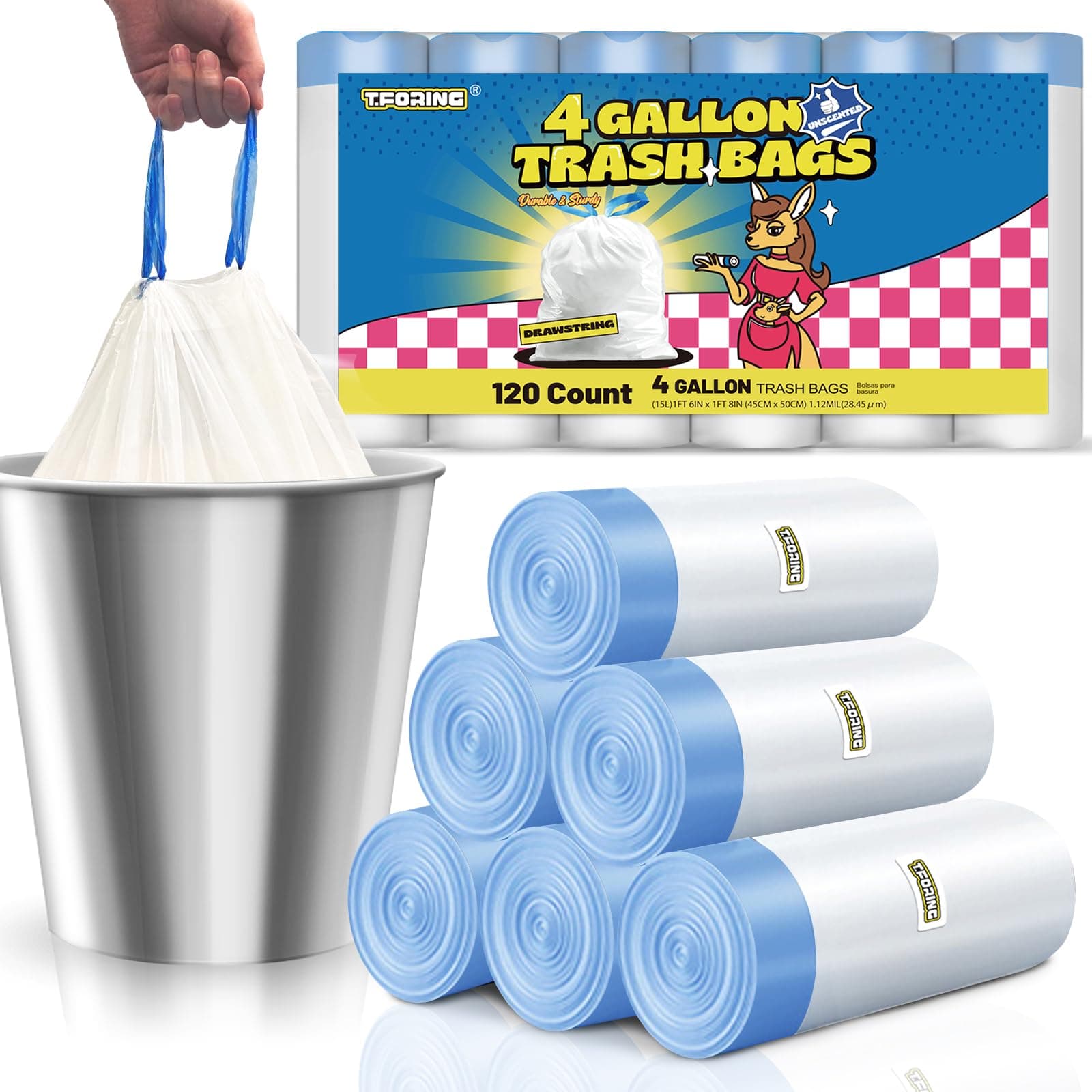 T.FORING Small Trash Bags 4 Gallon with Drawstring, 1.1 Mil 15 Liter White Thick Unscented Small Plastic Garbage Bags for Bathroom, Wastebasket Liners for Toilet Home Office and Bedroom (4 Gal-120)
