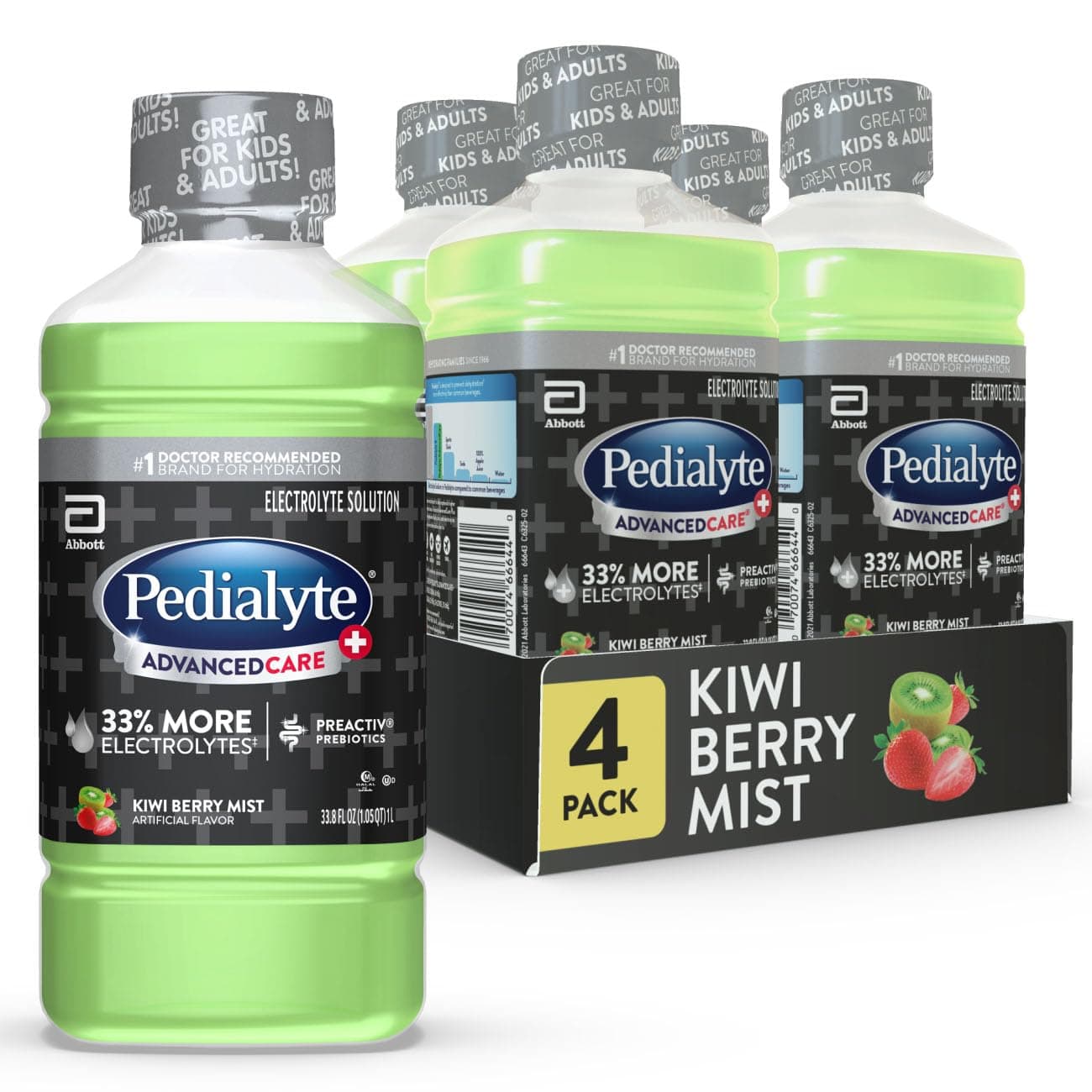 Pedialyte AdvancedCare Plus Electrolyte Hydration Drink, Has 33% More Electrolytes and Has PreActiv Prebiotics, Kiwi Berry Mist, 1 Liter, Pack of 4