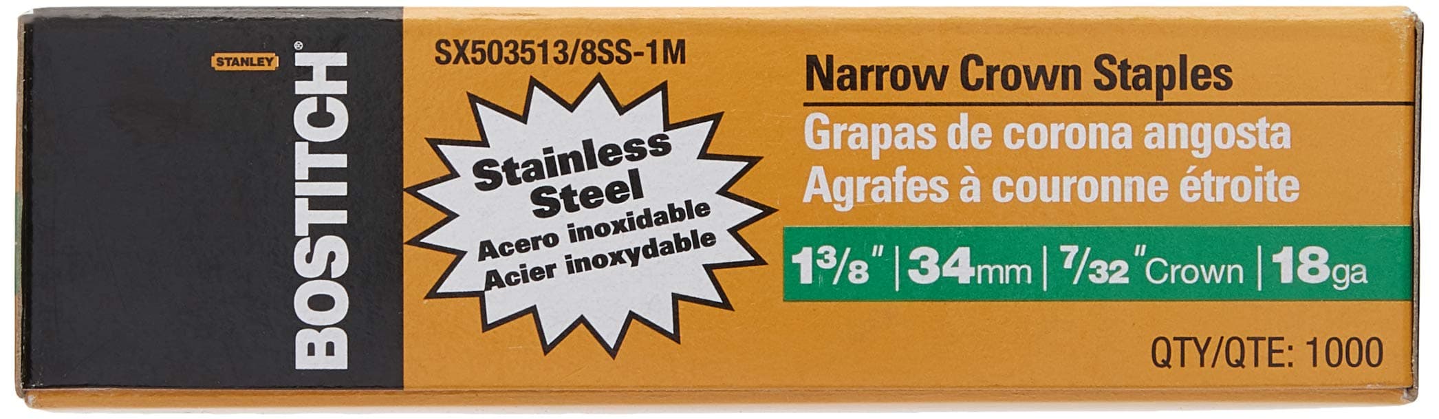 Bostitch Sx503513/8ss-1m 1-3/8"leg 18-gauge 7/32" Narrow Crown Stainless Steel Staples(1000)