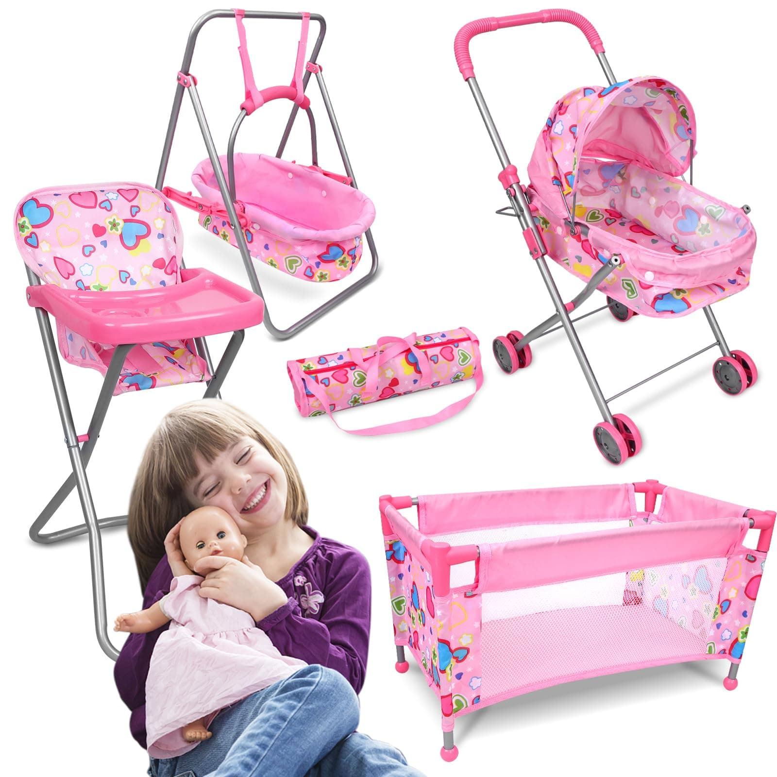 Stroller For Dolls Baby Doll Stroller Set Fits 16" Dolls - 4 Pcs Baby Doll Playset with Foldable Doll Stroller,Doll Crib,Doll High Chair,Swing Baby Doll Accessories Christmas Birthday Gift for Kids