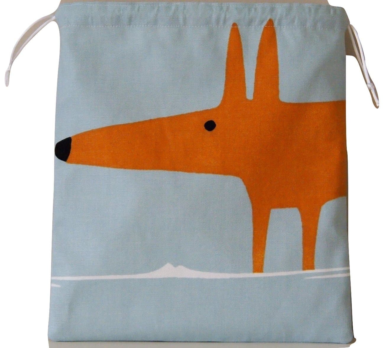 Scion Mr Fox Sky/Tangerine Fabric. Drawstring Toiletry Cosmetic Wash Bag. Waterproof Lined