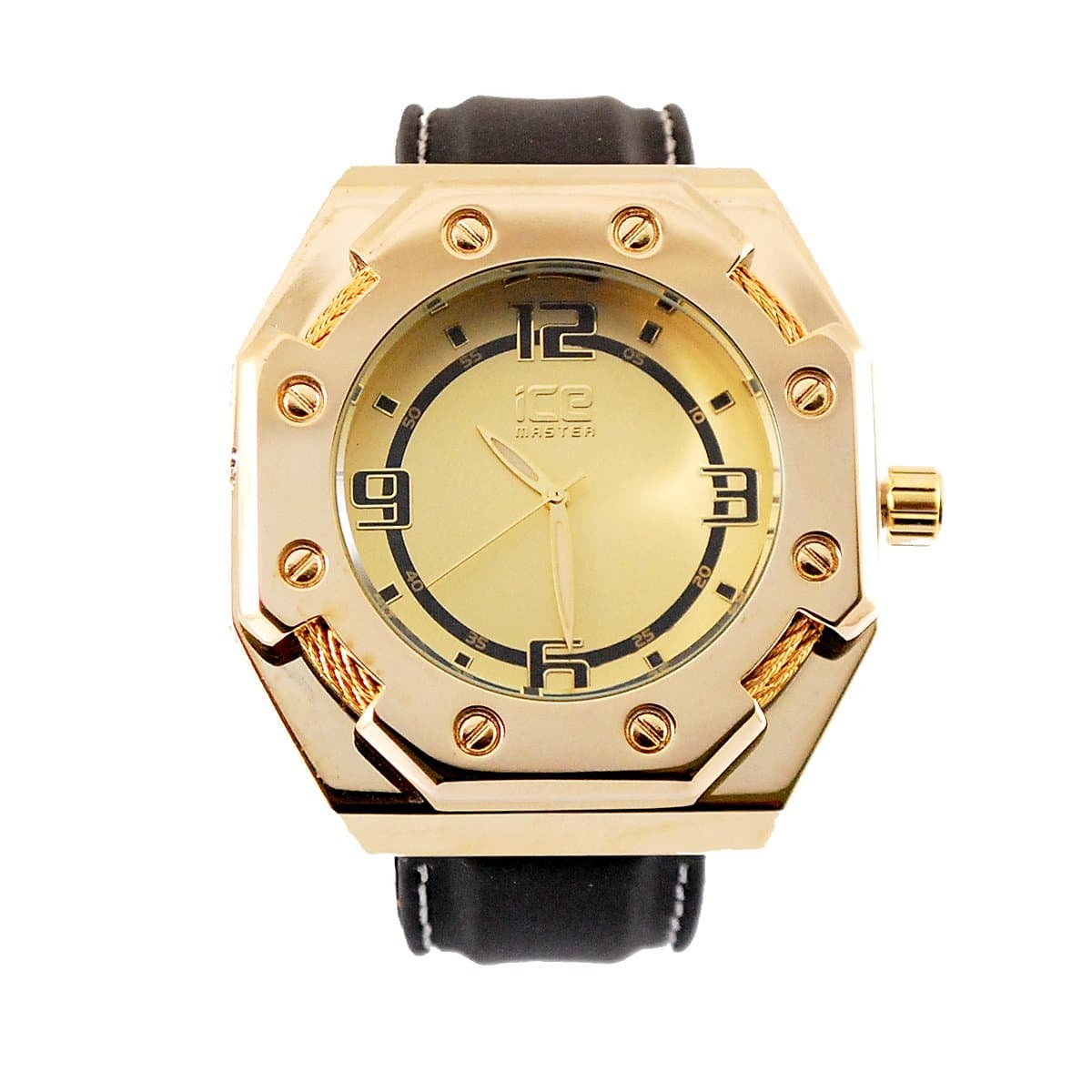 Ice Master Designer 14k Gold Tone King Sports Watch Kc Style with Black Rubber Silicone Band