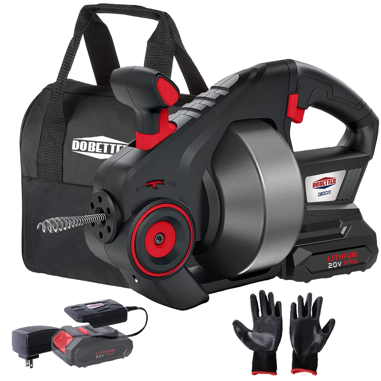 Electric Drain Auger Plumbing Snake, 20V Automatic Toilet Snake Plumbing Tool with 2000mAh Battery, Charger, Bag, Gloves and 285 Inch Replaceable Flexible Shaft Dobetter- DBDC20