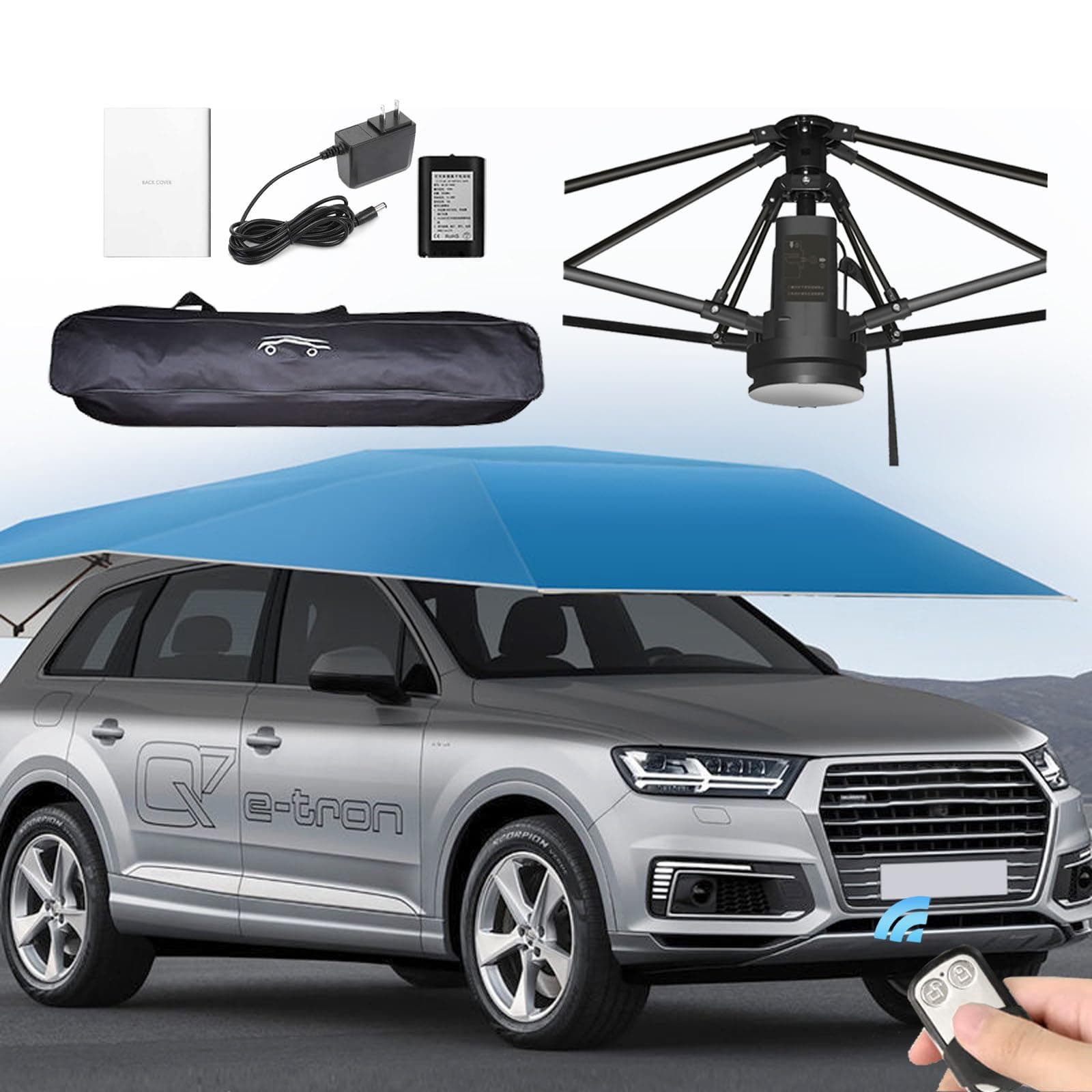 Fully Automatic Car Umbrella, Roof Sun Visor, Folding Solar Tent, Movable Car Carport, 3000mAh Lithium Battery, With Remote Control,Silver gray-4.8m/189''