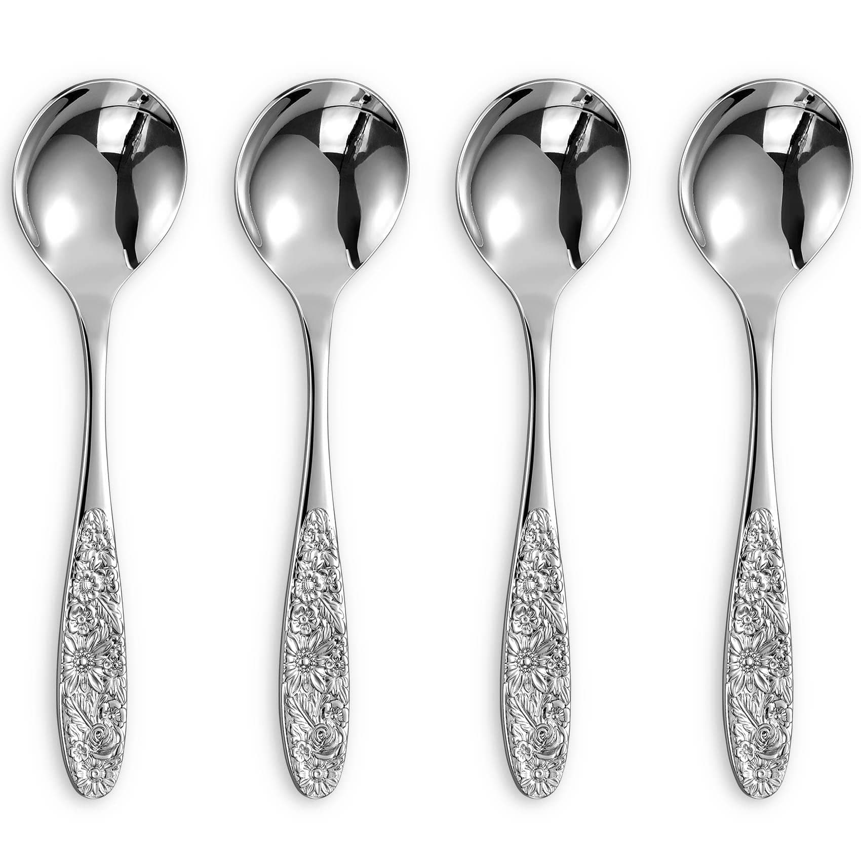 Sunflower Soup Spoon, Set of 4, 18/10 Stainless Steel, Bouillon Spoon, Dishwasher Safe, Fine Mirror Polished