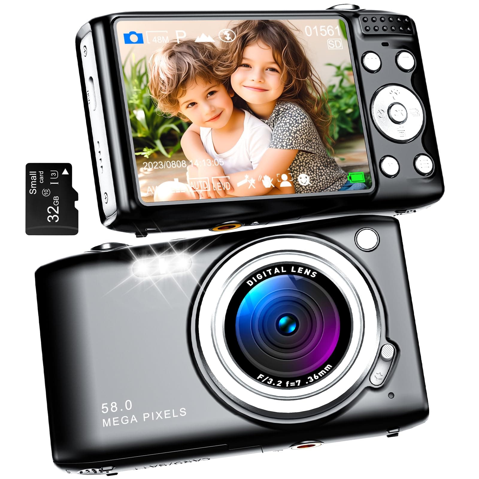 FHD 1080p Digital Camera,4K Vlogging Camera for YouTube Autofocus,16X Cameras for Photography with 32GB Card,48MP Point and Shoot Camera with Anti-Shake for Teens Adult (Fashion, Black)