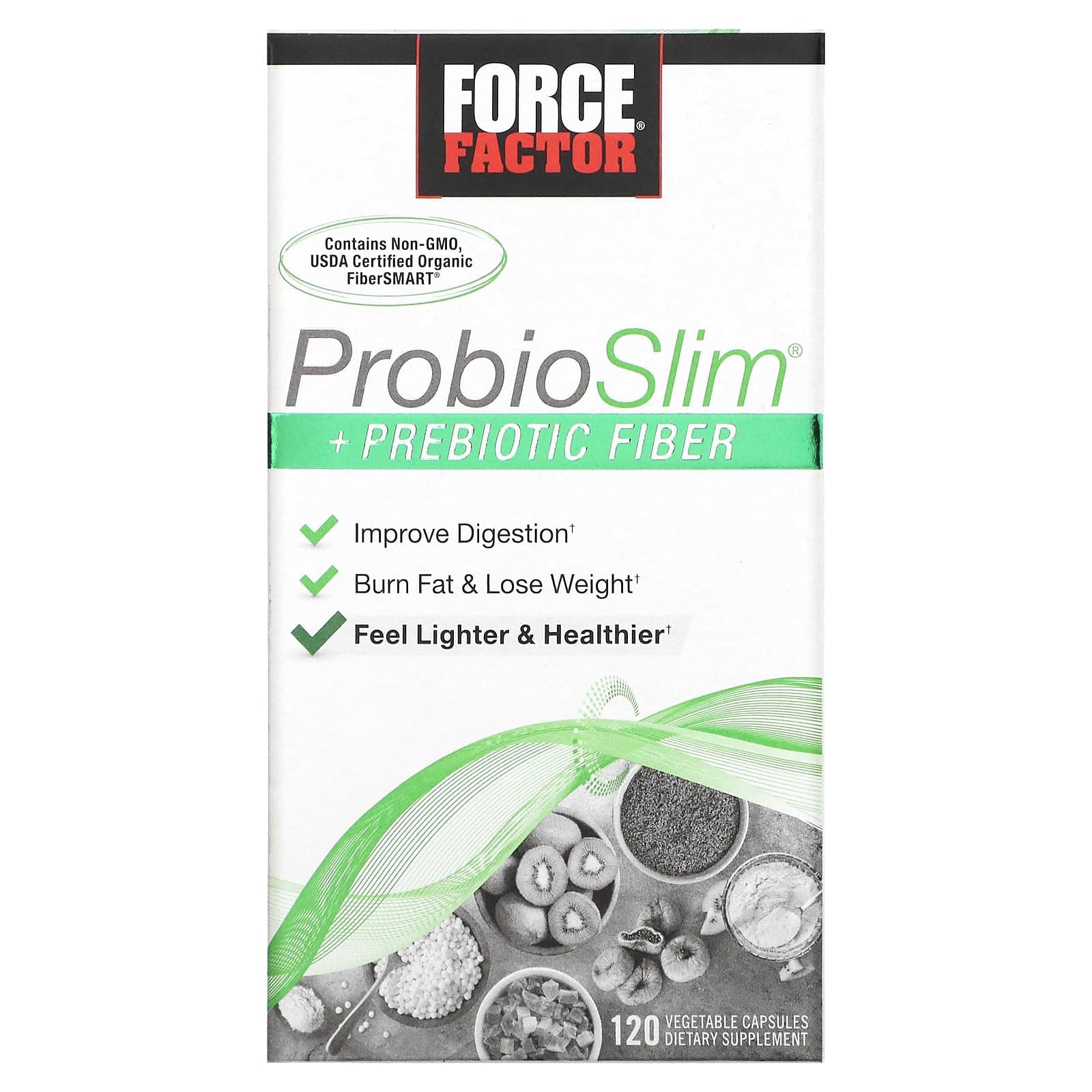 Force Factor ProbioSlim + Prebiotic Fiber Probiotics for Women and Men, Fiber Supplement with Green Tea Extract and Psyllium Husk Fiber 120 Capsules