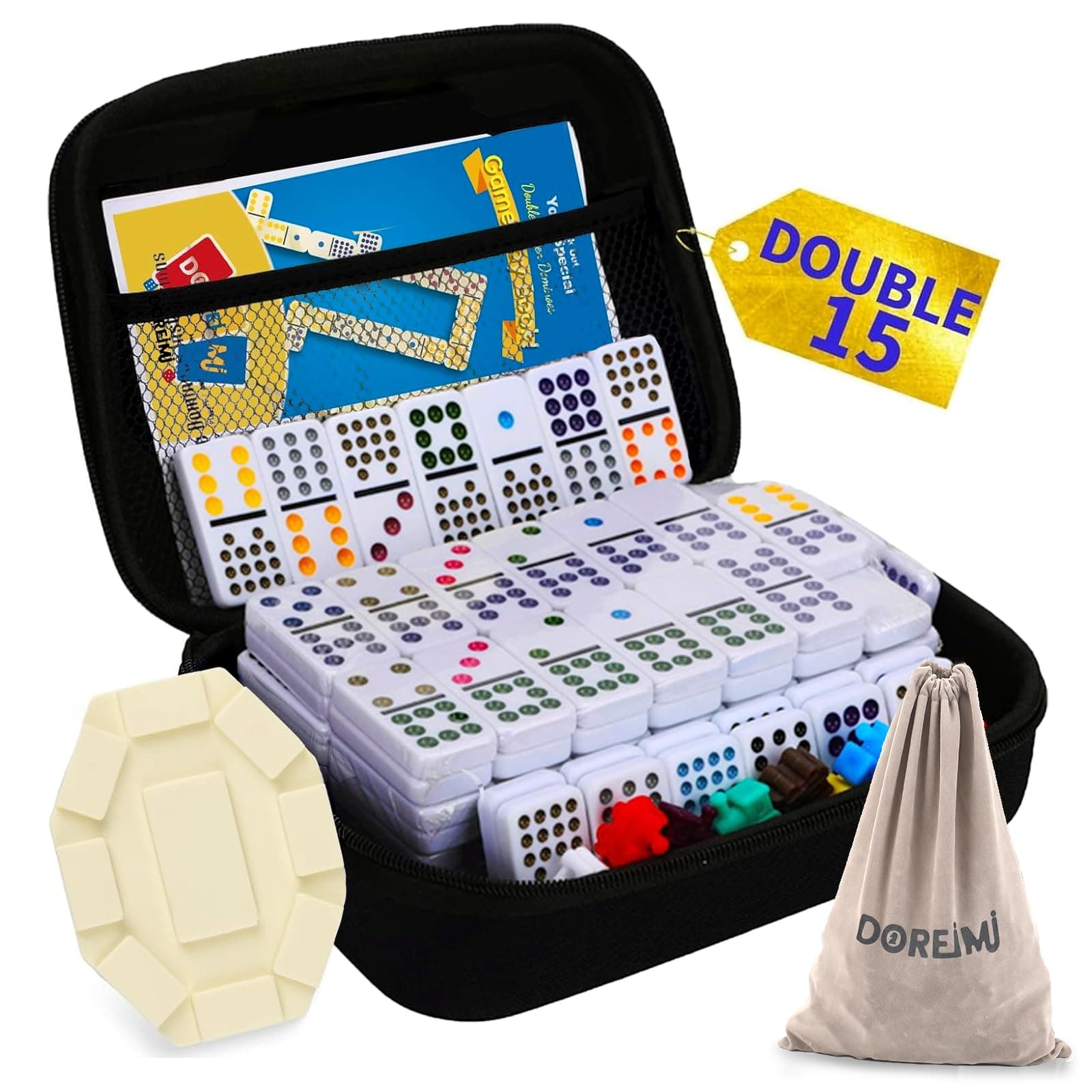 Mexican Train Dominoes Double 15 Set, 136 Colored Tiles with Lightweight EVA Case, Family and Adult Strategy Board Game for Travel