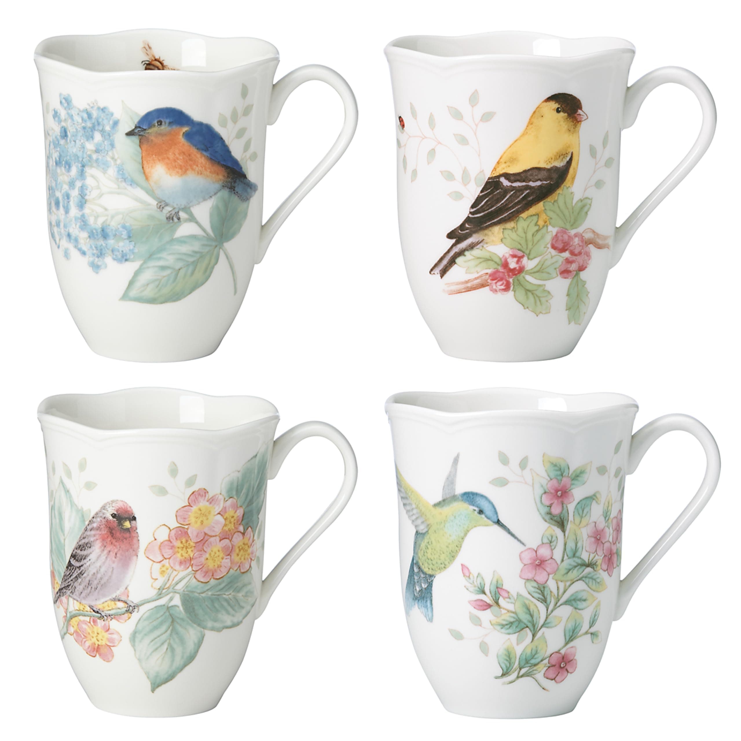 Lenox Coffee Mug Set, Butterfly Meadow Flutter 4-Piece Mugs, Service For 4, 12 Ounce Mug, Chip Resistant White Porcelain, Microwave And Dishwasher Safe, Ceramic Mugs, Coffee Cups (Assorted, 4 Piece)
