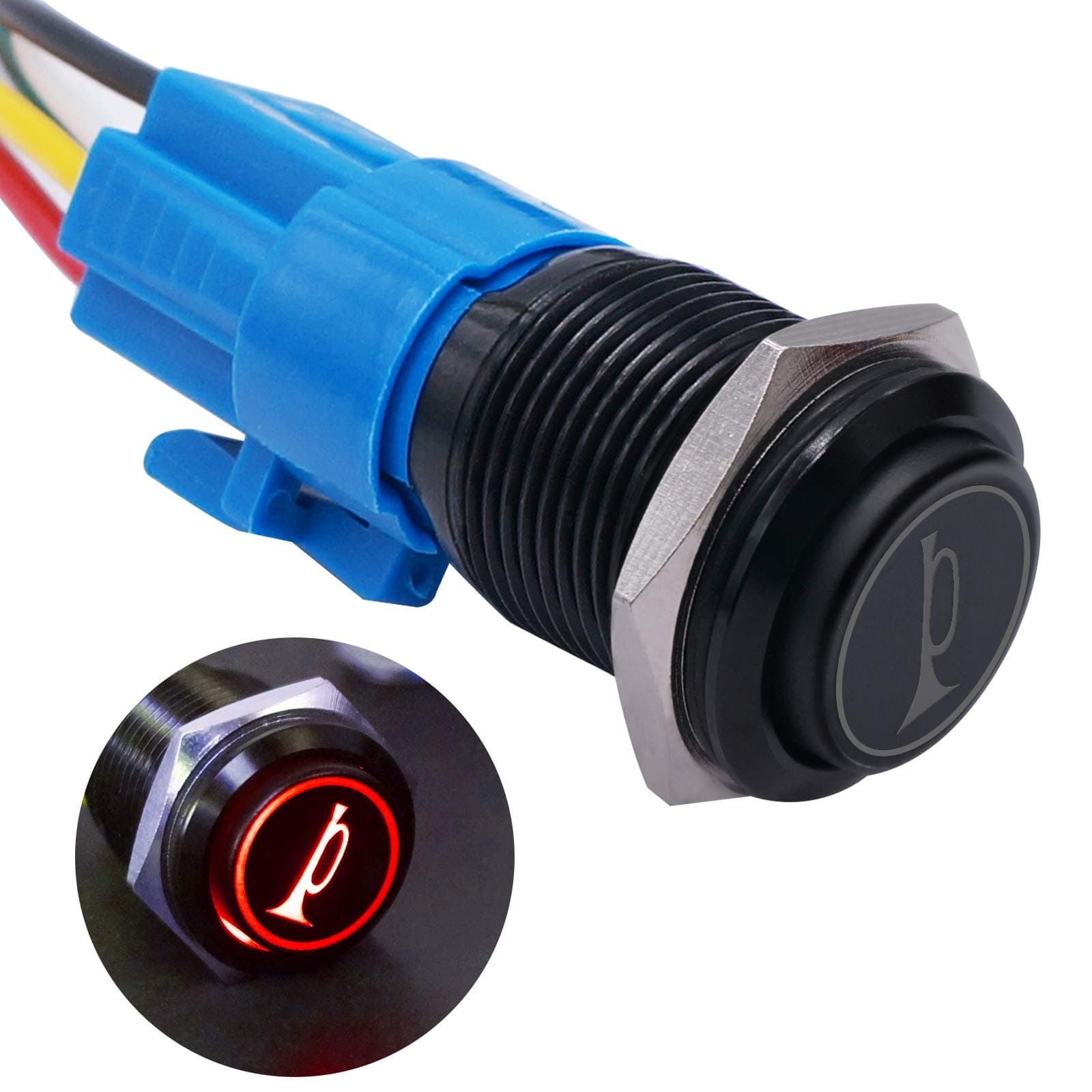 TWTADE/19MM 12V Car Horn Button Speaker Red LED Lighted Momentary Metal 3/4" Air Horn Toggle Switch with Wires BK-GLB19-R