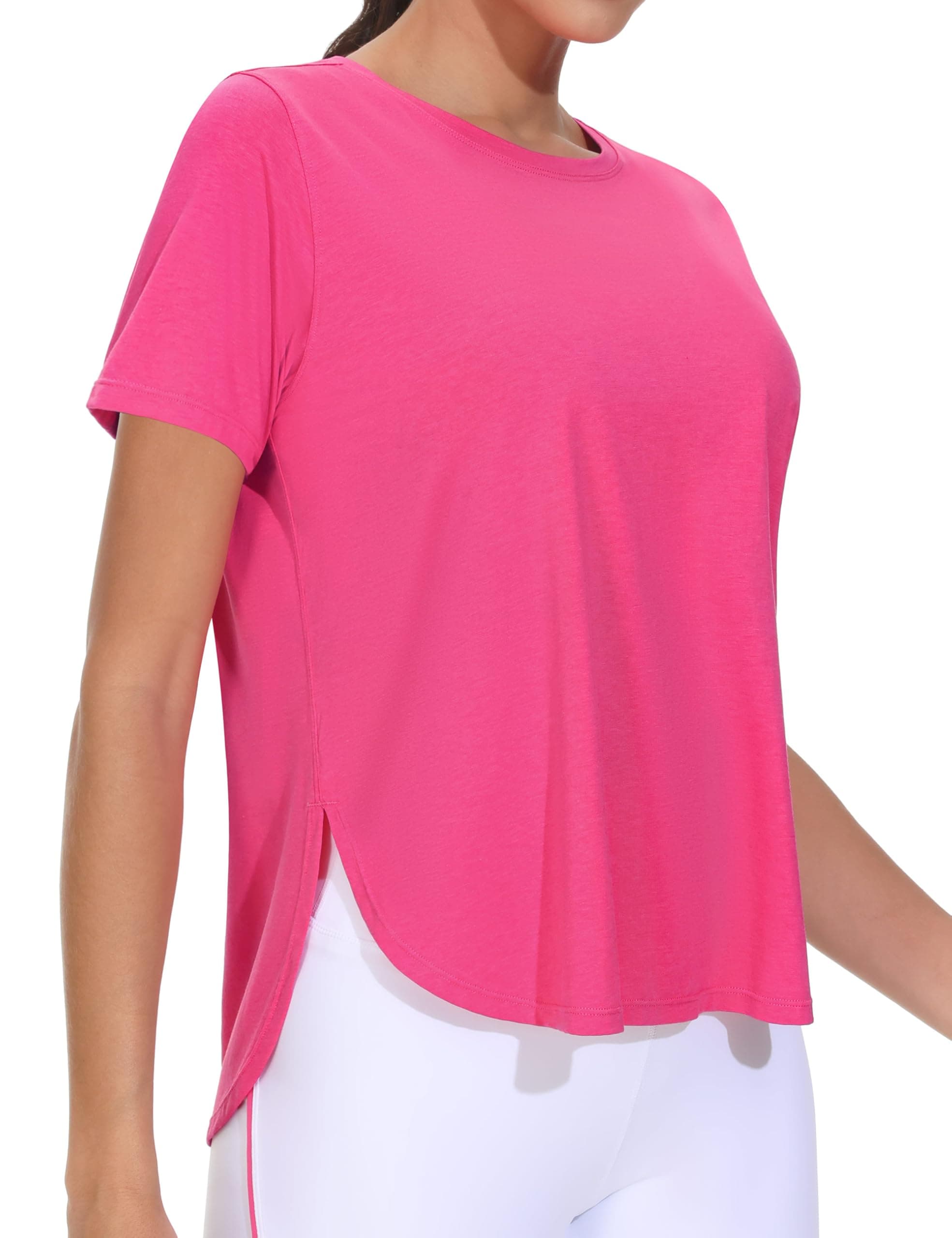 Women's Workout T-Shirts Loose Fit Short Sleeve Cotton Running Basic Tee Tops with Split Hem