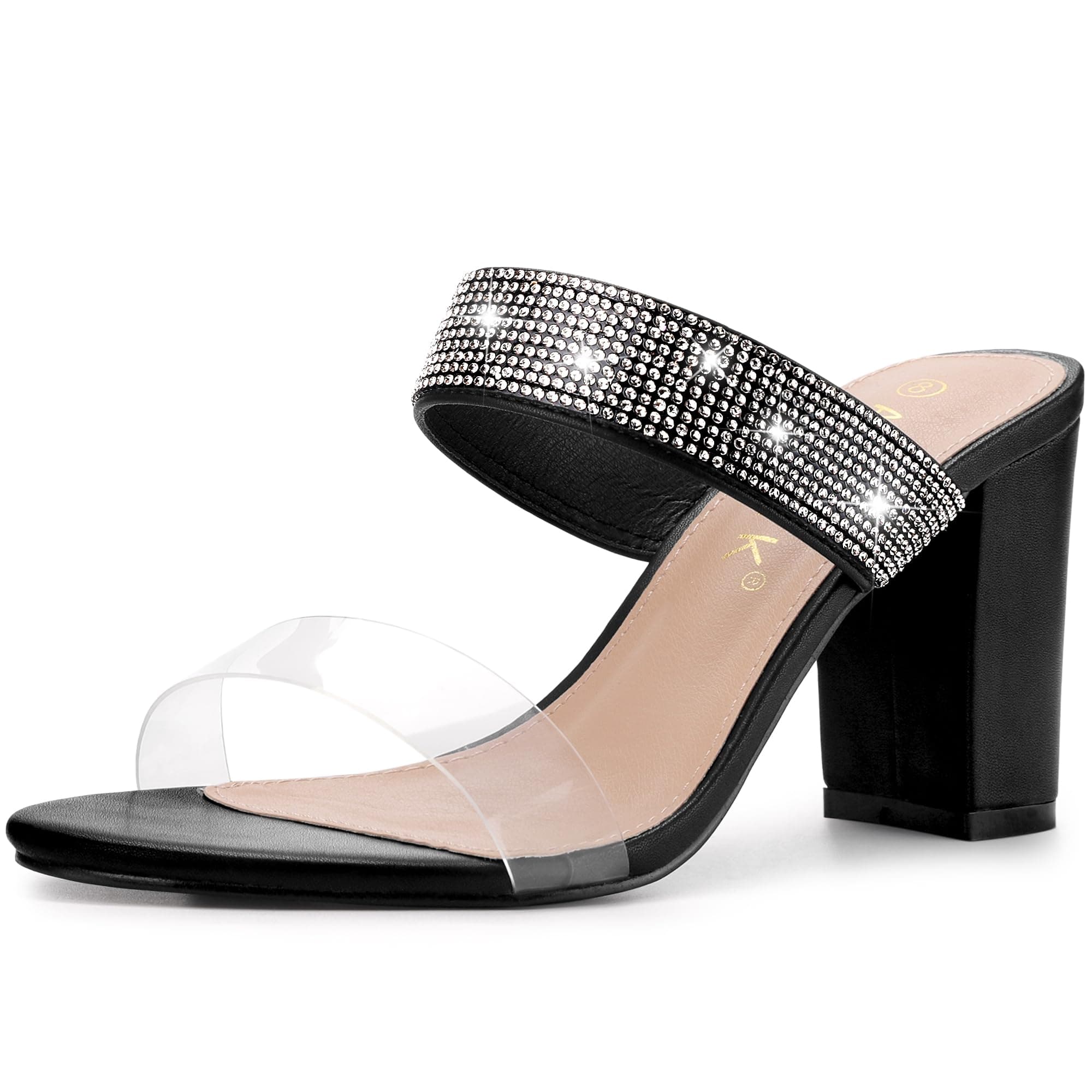 Allegra K Women's Rhinestones Heel Dual Clear Strap Chunky Heels Slide Sandals