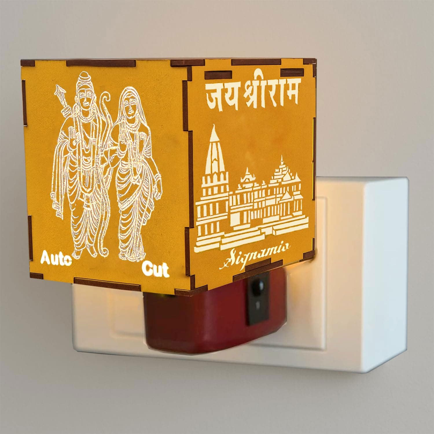 Signamio Auto Cut Wooden Ram Mandir Camphor Kapur Burner with Night Lamp - Kapoor Dani for Home Fragrance, Aroma Oil Diffuser, Bakhoor Burner, Kapoor Diffuser for Home