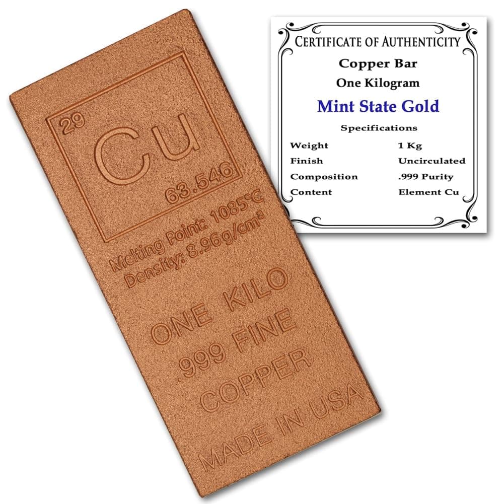 1 Kilo Copper Bar (Flat Style) .999 Pure Bullion with Periodic Table Element ...