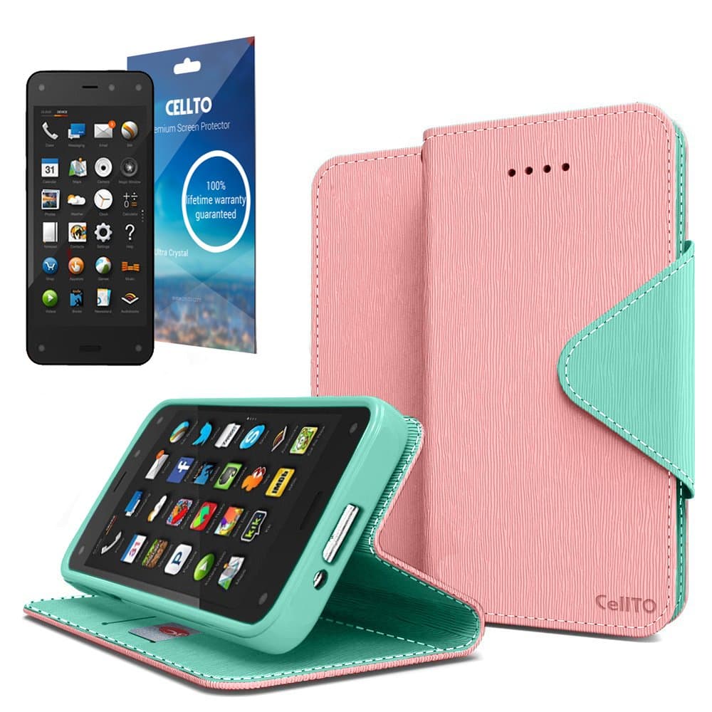 Cellto Amazon Fire Premium Wallet Case with HD Screen Protector [Dual Magnetic Flap] Diary Cover/w ID Pocket Top Quality &Life Time Warranty - Cotton Candy