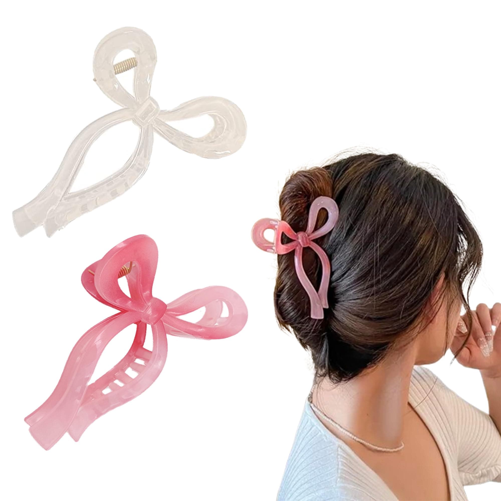 Bows Claw Clips - 2 Colors Ribbon Coquette Clips for Thick Hair and Girls, Including Pink
