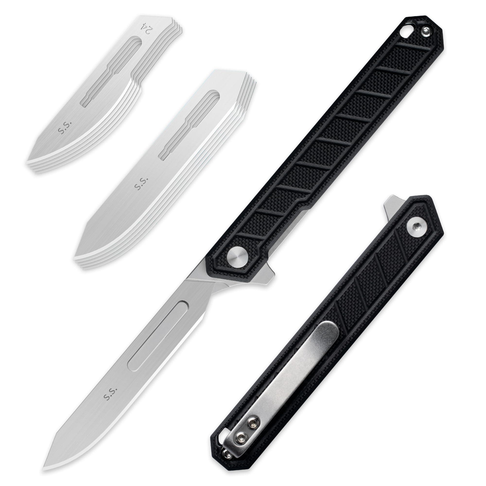 G046 Mecha Mini Slim Folding Scalpel with 5pcs #24 and 5pcs #60 G11 Handle with Liner Lock, Utility EDC Pocket Knife with Back Clip（Black）