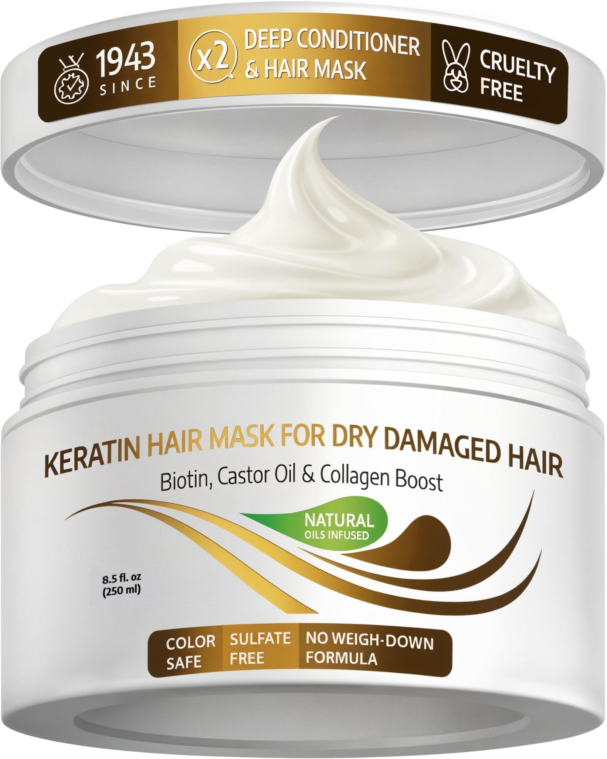 VITAMINS hair cosmetics Keratin Hair Mask Deep Conditioner - Biotin Collagen Protein & Castor Oil Repair for Dry Damaged Hair - Conditioning Treatment for Curly or Straight Thin Fine Locks