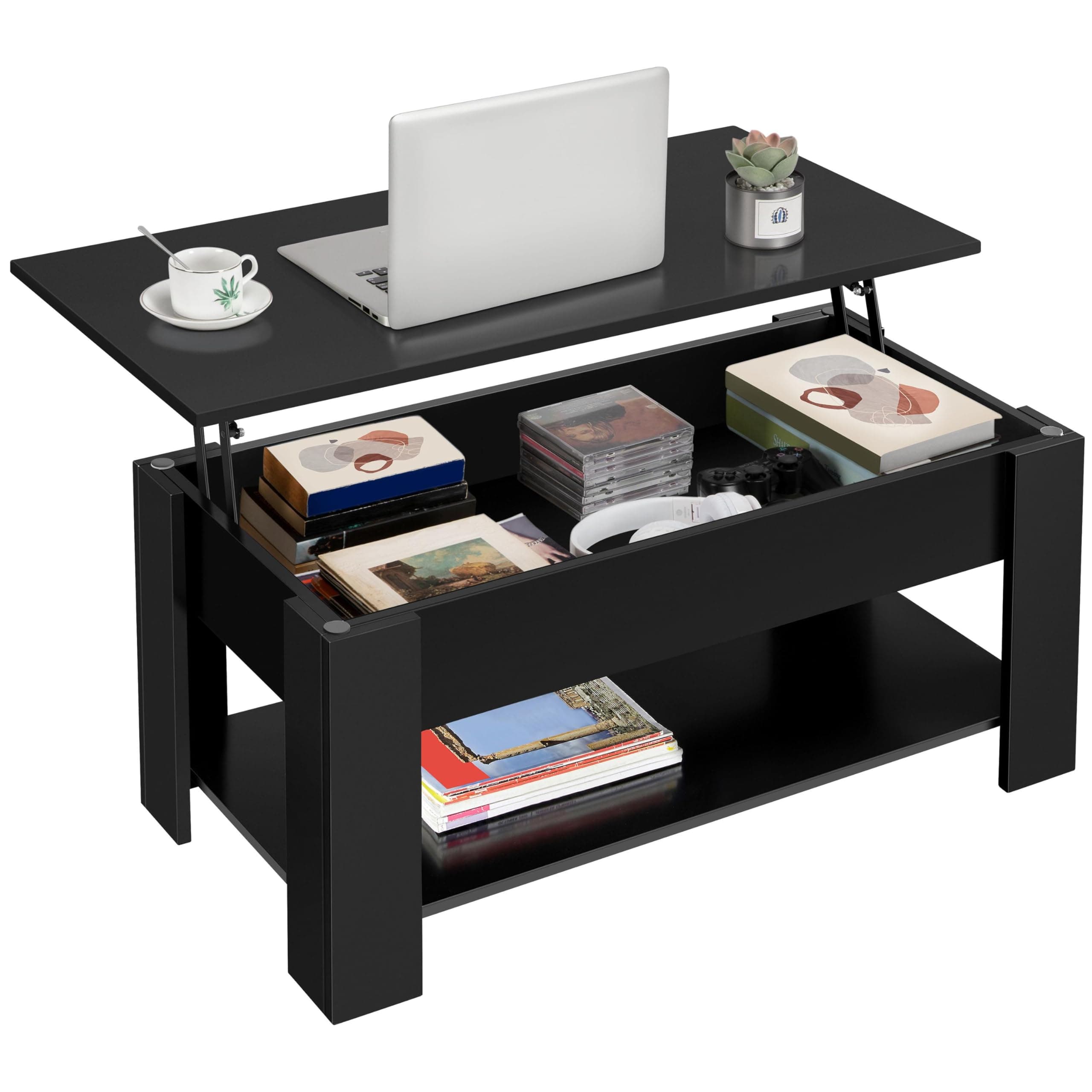 Wooden Coffee Table, Lift Top Coffee Table with Large Hidden Storage Shelf, Lift Tabletop Dining Tables for Living Room, Home Small Space, 38.6in, Black