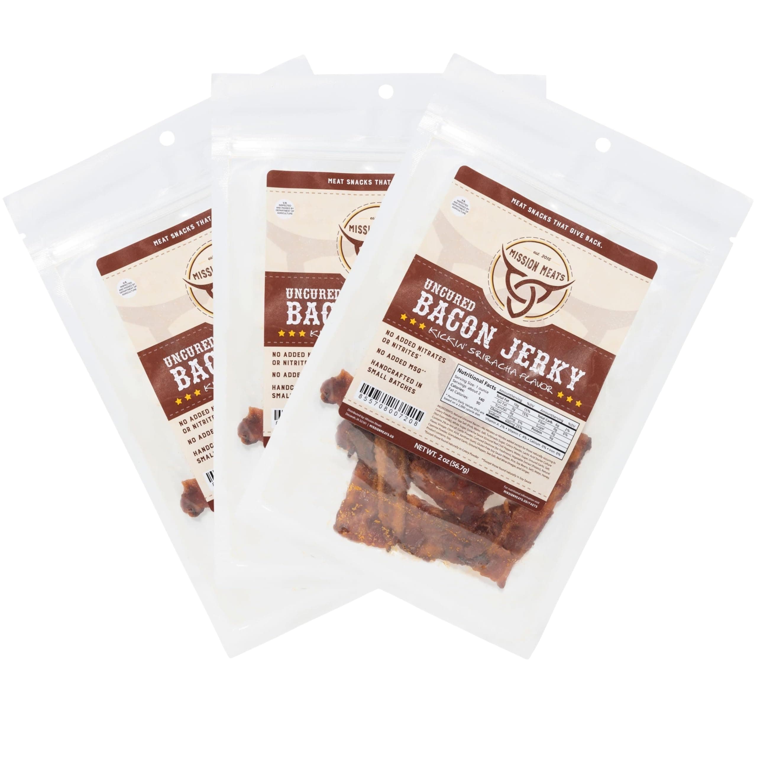 Mission Meats Candied Sriracha Bacon Jerky – Delicious Savory & Sweet Snack, Small Batch, Uncured, Bloody Mary Bar Supplies, Perfect Stocking Stuffer Gift, 2oz Bags (Pack of 3)