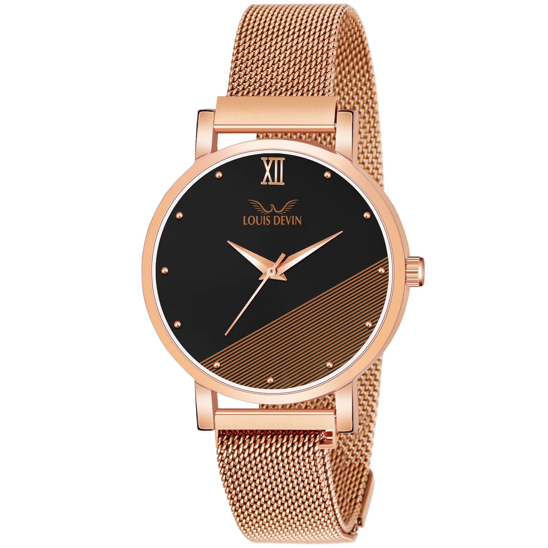Rose Gold Plated Mesh Chain Analog Wrist Watch for Women -RG142-BLK