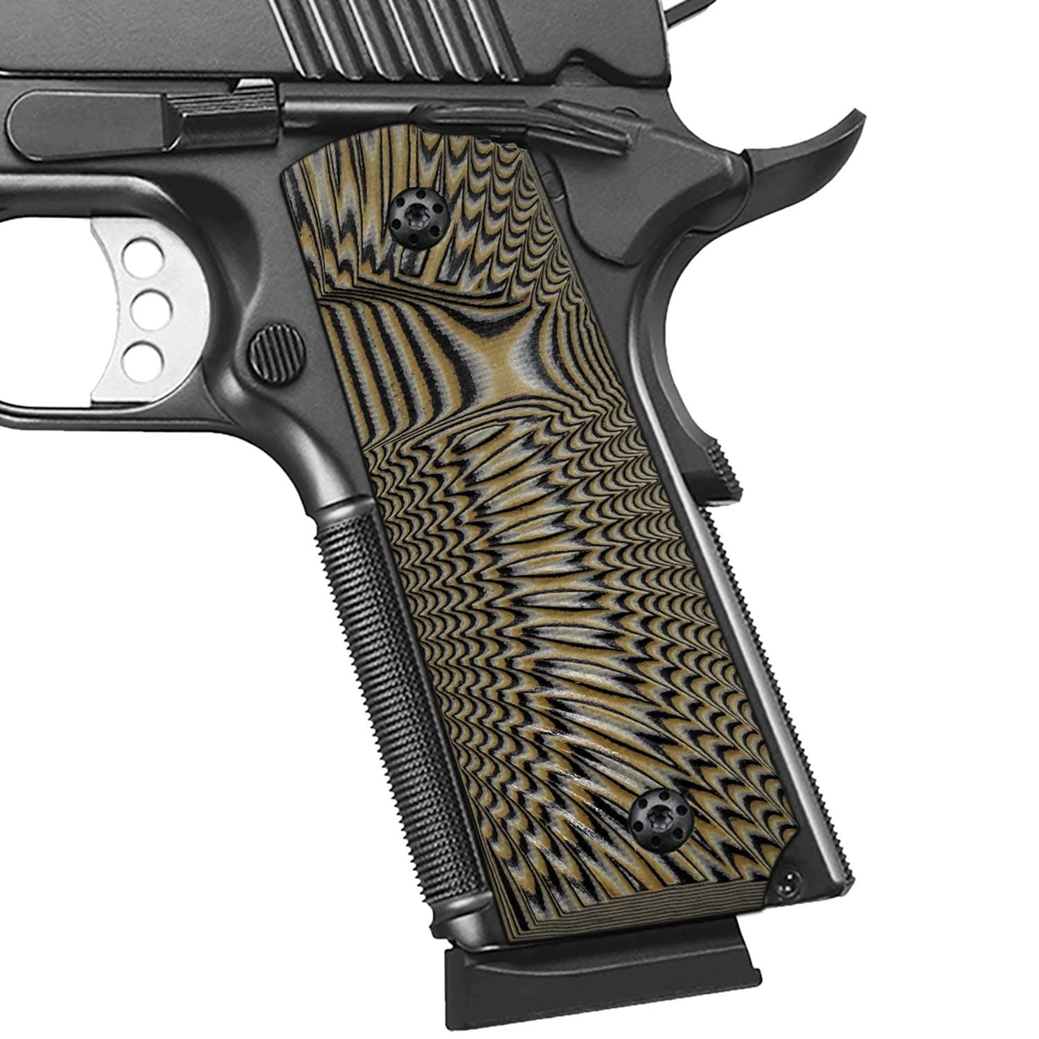 Cool Hand 1911 G10 Grips Full Size for Kimber, Colt, Rock Island, Springfield, Taurus Pistol, Black Screws Included, Big Scoop, Ambi Safety Cut, Sunburst Texture