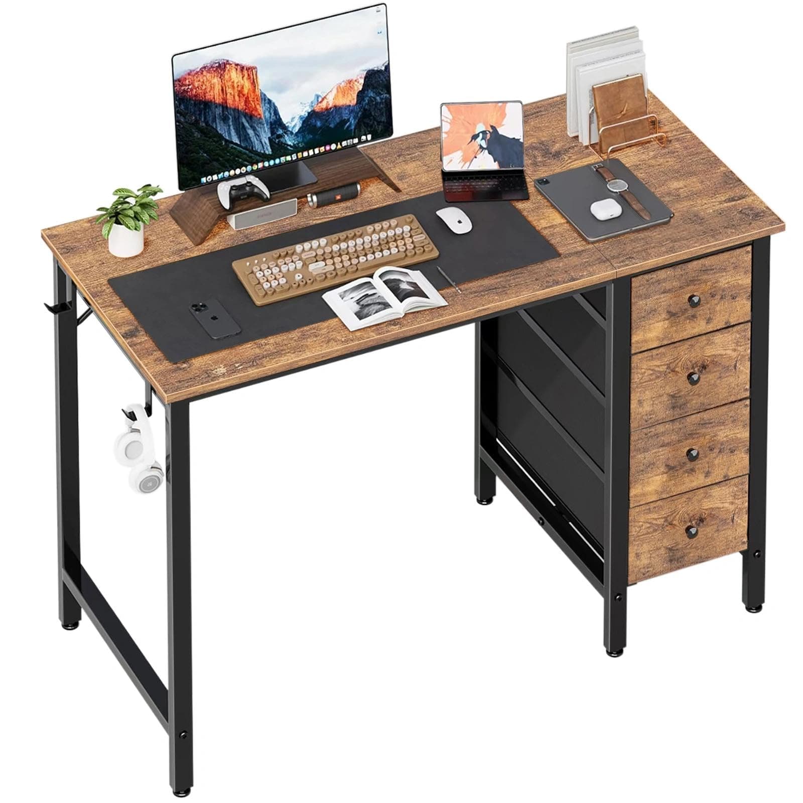 Lufeiya 47 inch Computer Desk with 4 Drawers, Reversible Writing Work Study Desk for Home Office Bedroom, Modern Simple Student PC Desks, Rustic Brown