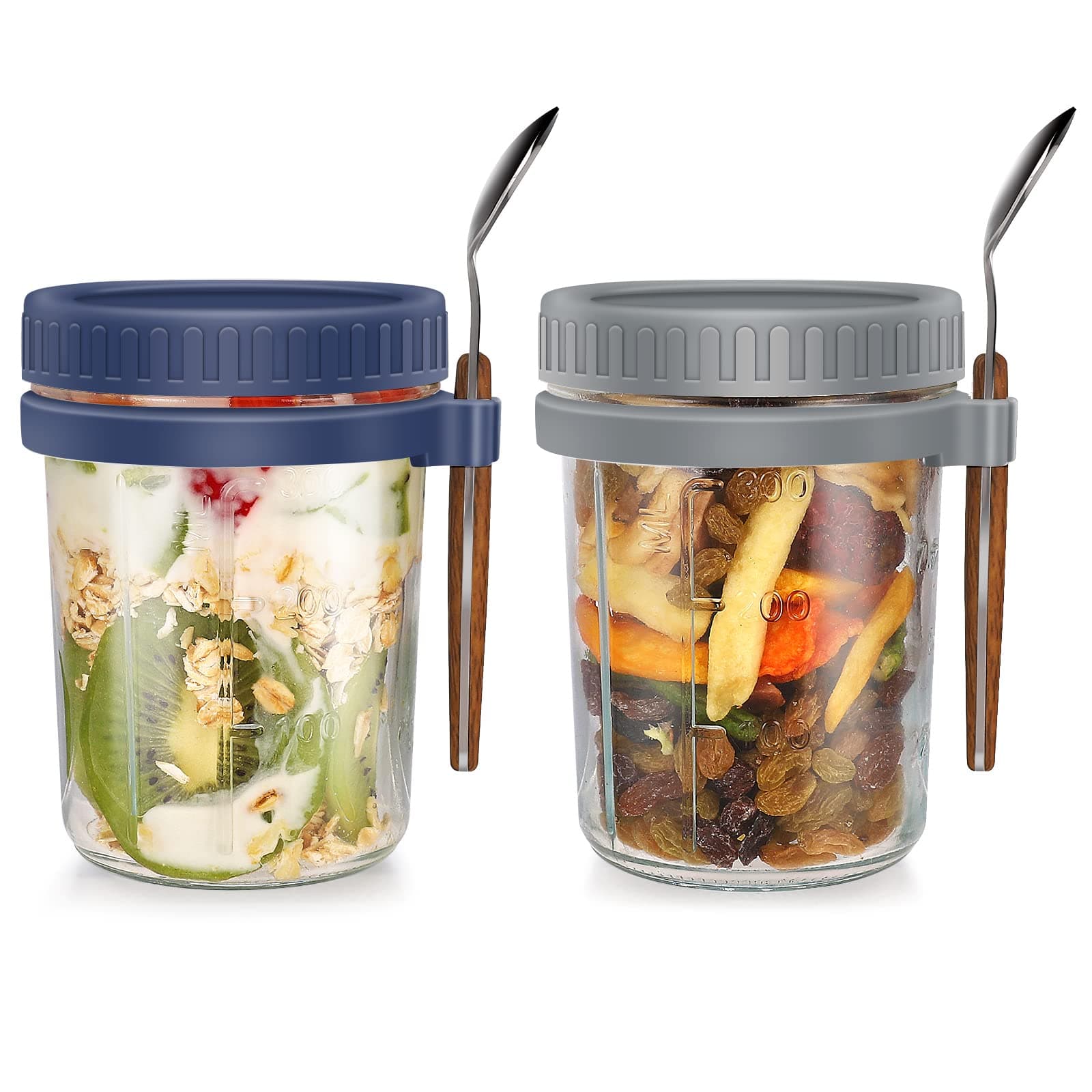 Overnight Oats Jars, Overnight Oats Container with Lid and Spoon, 16 oz Cereal, Milk, Vegetable and fruit Salad Storage Container with Measurement Marks (grey and blue)