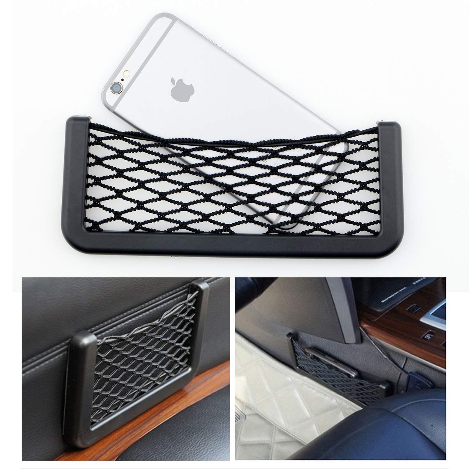 Universal Large ABS Plastic Frame Car Storage Net Pocket Adhesive Pouch Car-Net Pocket for Phone Side Storage Mesh Pocket for Auto RV GPS Phone Holder