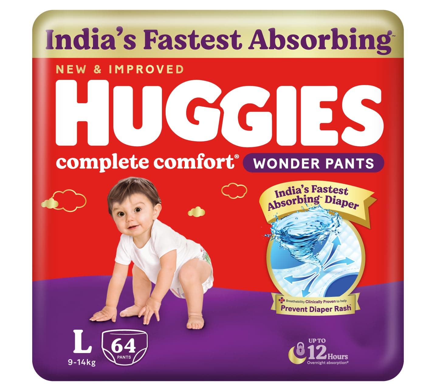 - Huggies Complete Comfort Wonder Pants | Pant Style Baby Diapers Large Size (L), 64 Count | India's Fastest Absorbing Diaper, Prevents Diaper Rash, Ideal for 9 to 14 Kgs