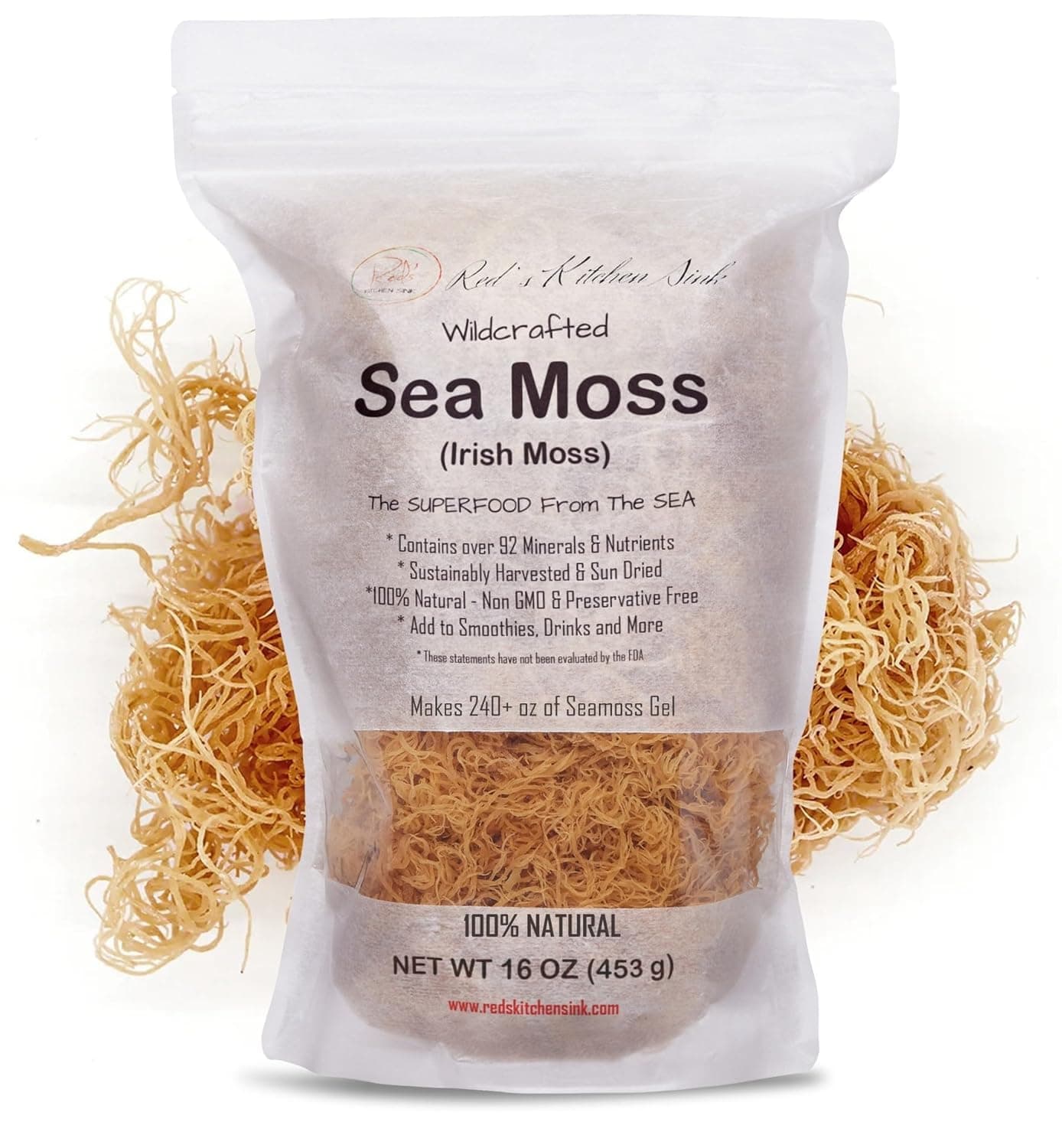 Raw Wildcrafted Gold Sea Moss 1 lb, St. Lucia Sun-Dried Seamoss, Natural Ocean Harvested Whole Moss | Makes 240+oz gel