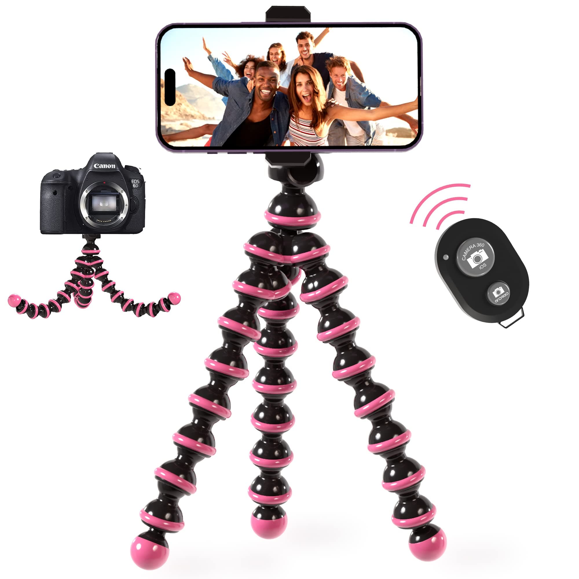TALK WORKS Flexible Phone Tripod for iPhone, Android, Camera - Adjustable Stand Holder with Mini Wireless Remote for Selfies, Vlogging, Beauty/Makeup, Live Streaming/Recording - Pink