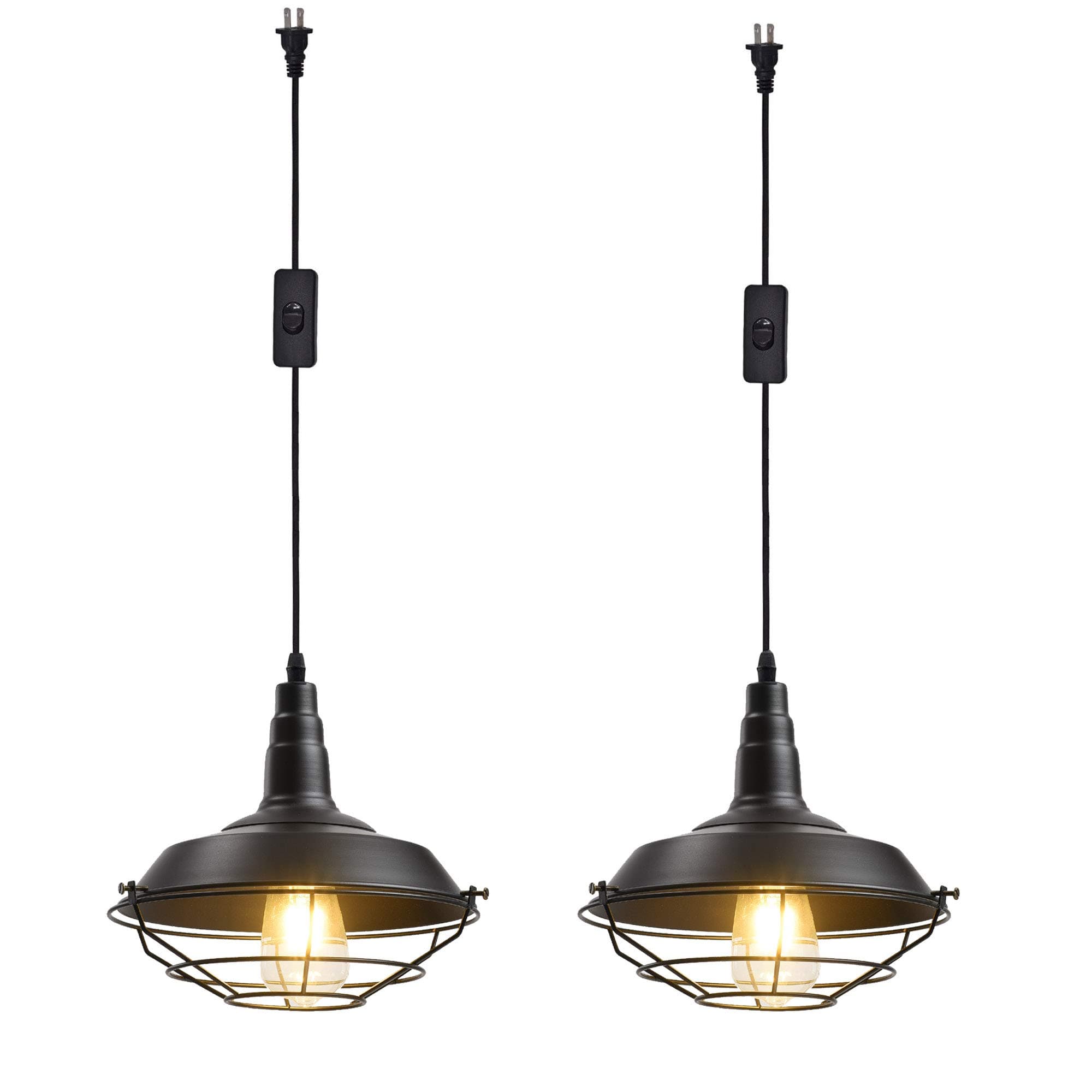 Ivalue Industrial Hanging Pendant Light with Plug in Cord Pack of 2 Black Cage Barn Pendant Lamps for Kitchen Dining Room(DC-Black-Plug in -2)