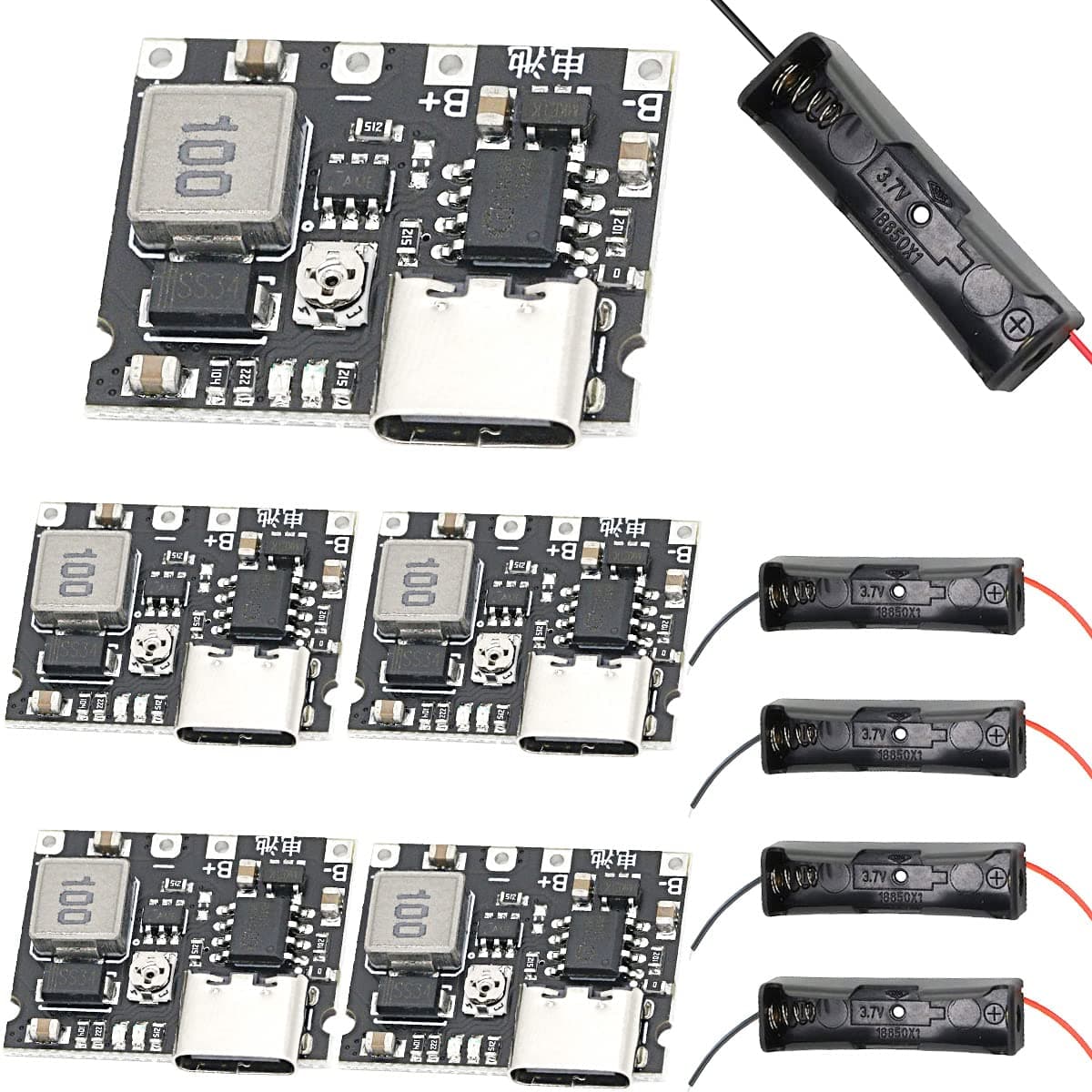 5 pcs 18650 Lithium Li-ion Battery Charger Board 3.7V 4.2V to 5V/9V 1A DC-DC Step Up Boost Module Adjustable charge and discharge + 5 pcs 18650 battery box