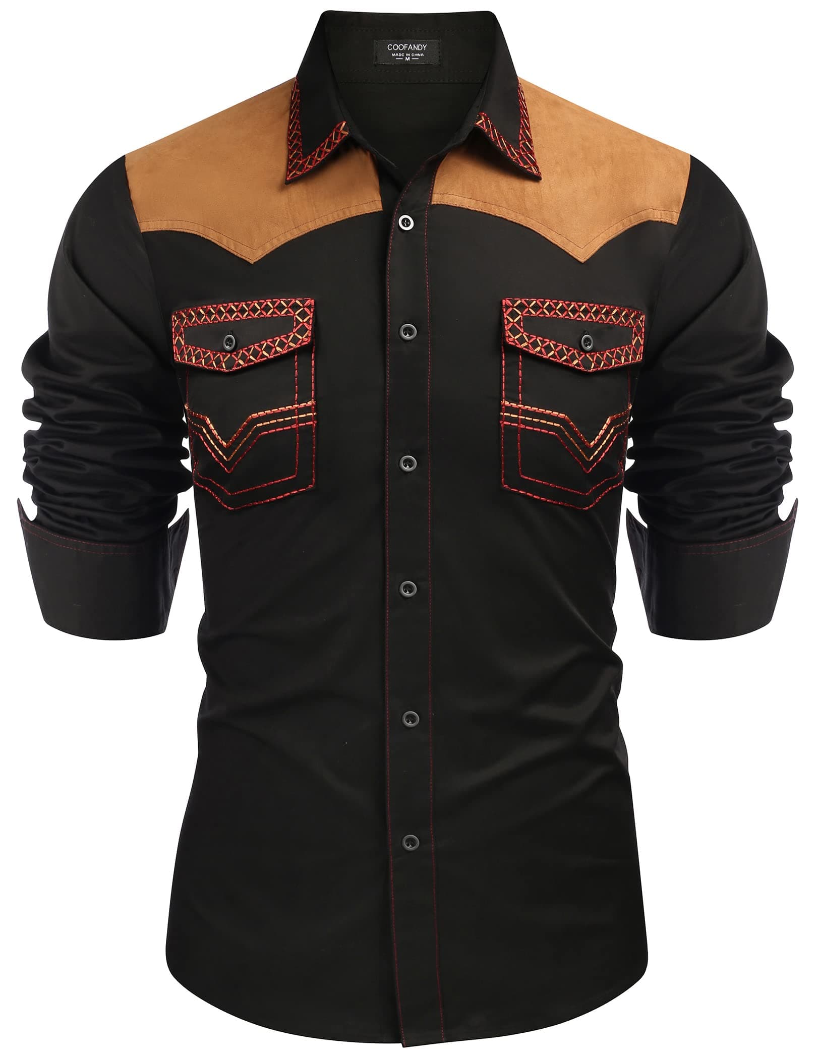 Men's Western Cowboy Shirt Embroidered Long Sleeve Slim Fit Casual Cotton Button Down Hippie Shirts with Pockets