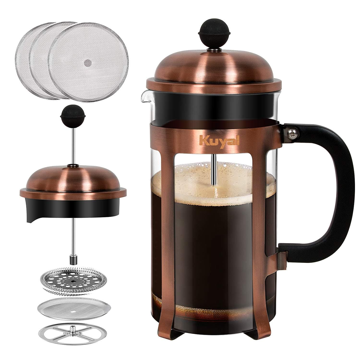 Glass French Press Coffee Tea Maker (34 oz, about 8 cups), 1000 ml Stainless Steel Coffee Press with 3 Extra Filter Screens, Borosilicate Glass with Heat Resistant Handle