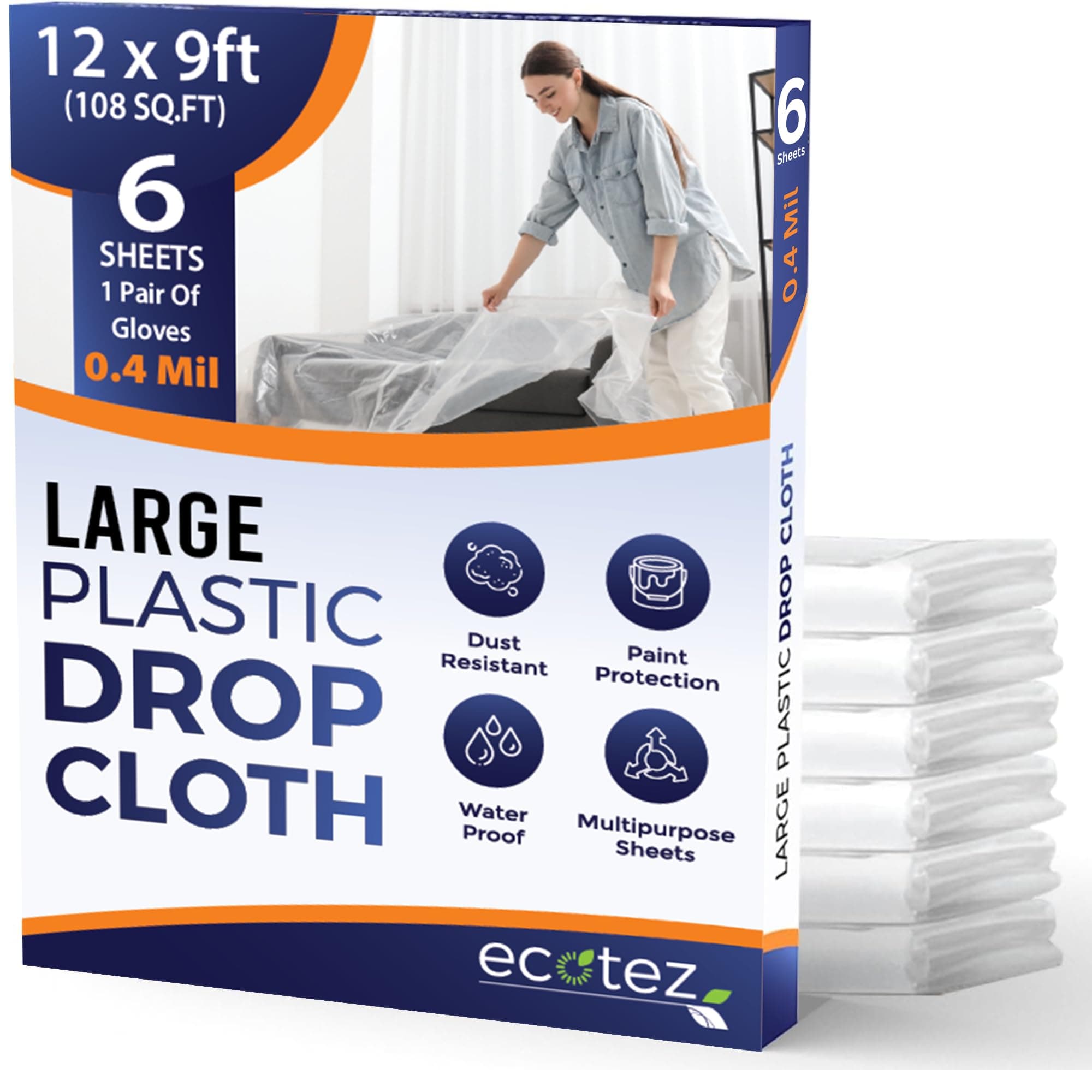 6 Pack 12 x 9 ft Extra Large Plastic Drop Cloth for Painting - Light & Durable Tarp Cover for Furniture - Plastic Clear Tarp Waterproof - Paint Floor Covering - Painters Drop Cloth Sheeting