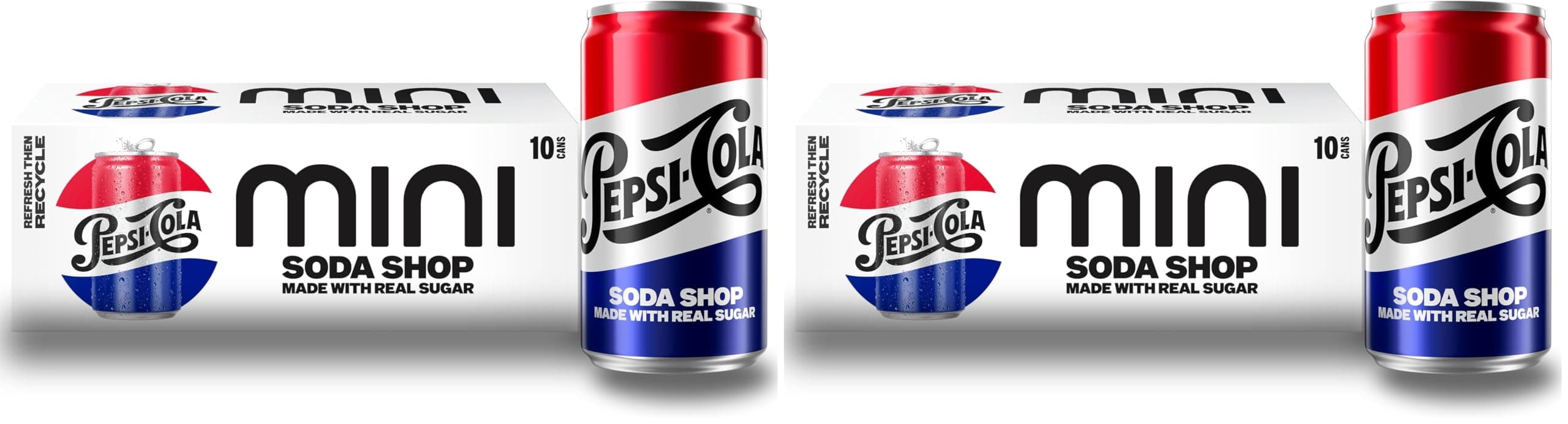 Pepsi Real Sugar Soda, Mini Cans, 7.5oz Mini Cans, (Two packs of 10), Cola, Soda Pop (Packaging May Vary)