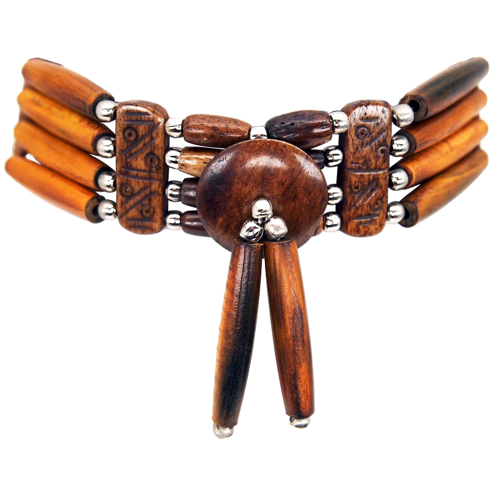 outROAR Gear American Indian Style Bone Choker Necklace, 4 Row Woody Brown Traditional Hairpipe Beads, Unisex Adjustable