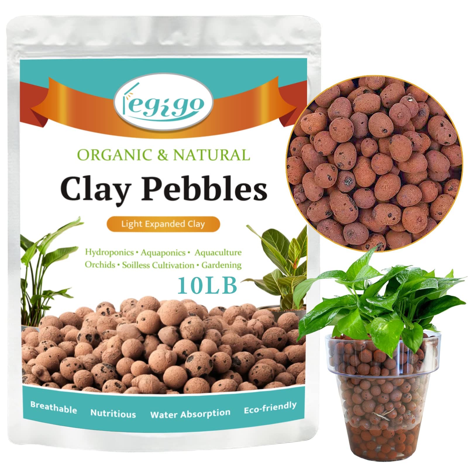Legigo 10 LB Organic Leca Clay Pebbles for Plants, 4mm-16mm 100% Natural Leca Balls for Indoor Plants, Hydroton Clay Pebbles for Plants Hydroponic Aquaponics Growing Orchid Drainage Terrarium