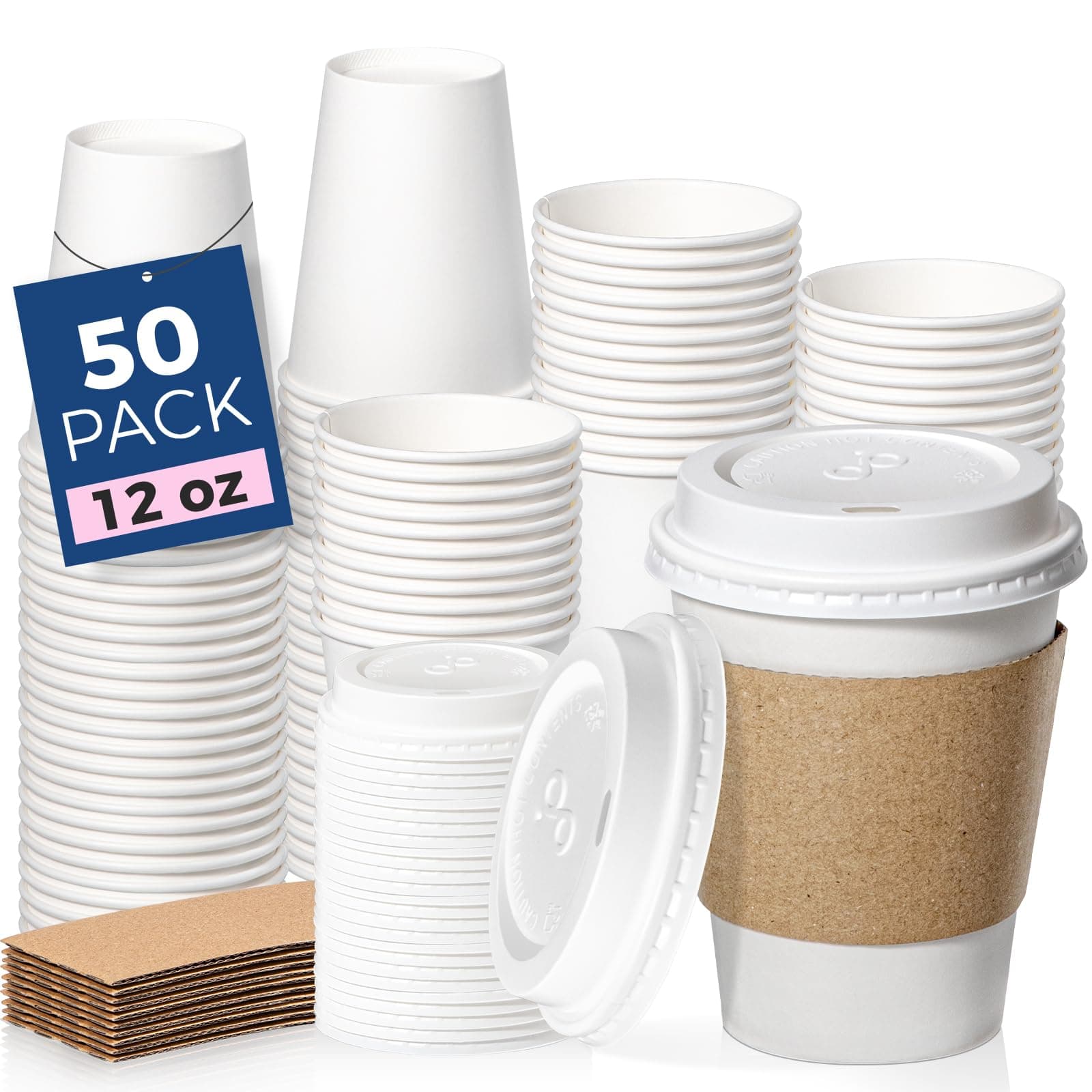 Fit Meal Prep 50 Pack 12 oz Disposable Coffee Cups with Lids, Sleeves, Leak-Proof to Go Coffee Cups with Lids, Durable Hot Paper Cups for Home, Office, Party, Business