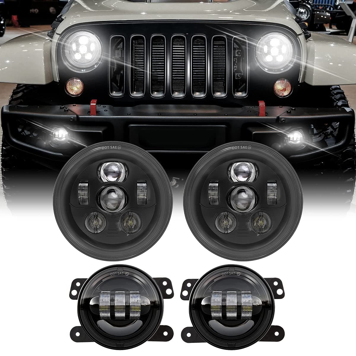 DOT Approved 7 Inch Round LED Headlights with High Low Beam Compatible with Jeep Wrangler JK JKU TJ LJ CJ 4 Door 2 Door Hummer H1 H2 H6024 Headlamp Replacement 6 Bulbs (Smoke)