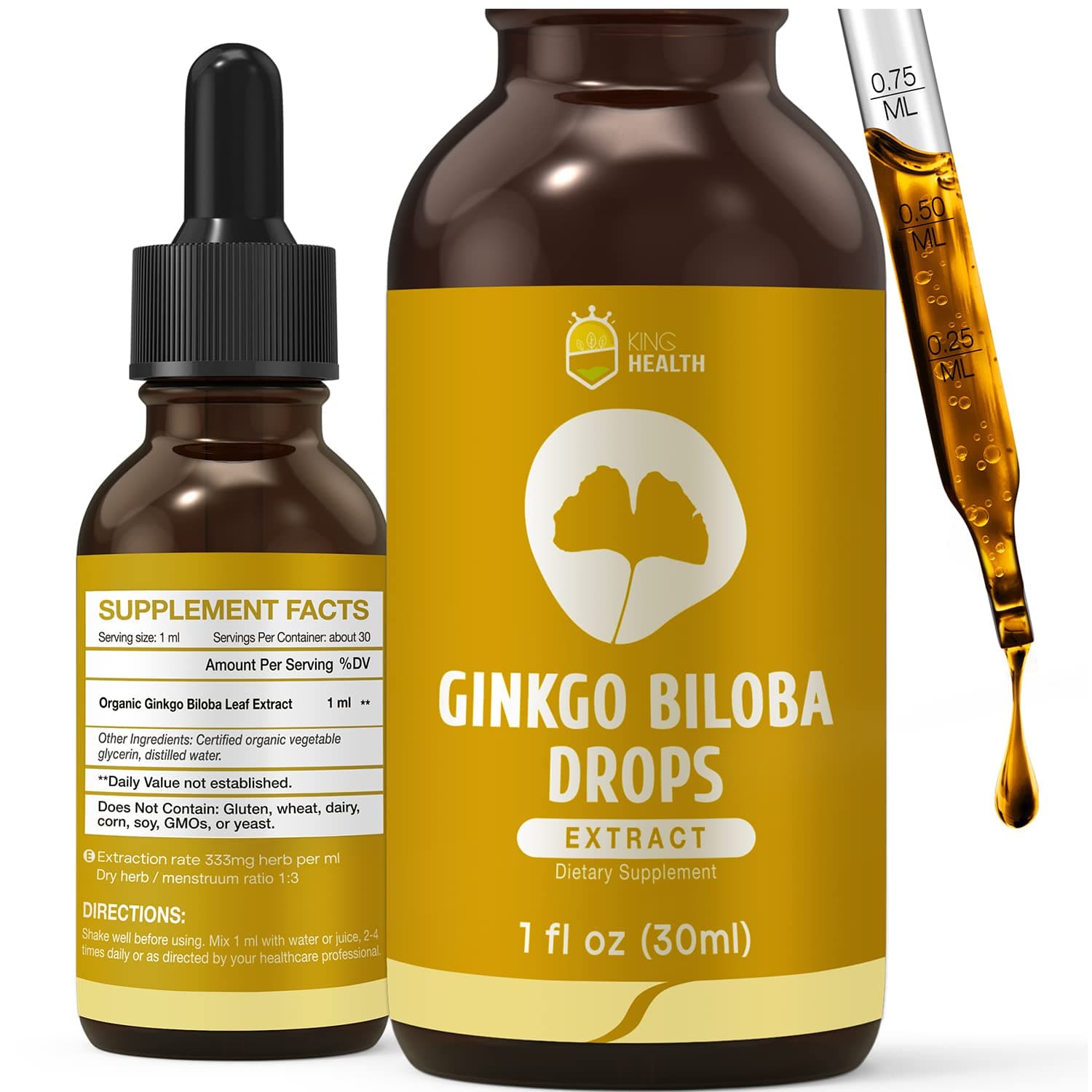 Organic Ginkgo Biloba Extract Liquid Supplements, Brain & Focus Support, 98% Absorption, Vegan, Non-GMO, Alcohol & Gluten Free - 1 Fl Oz