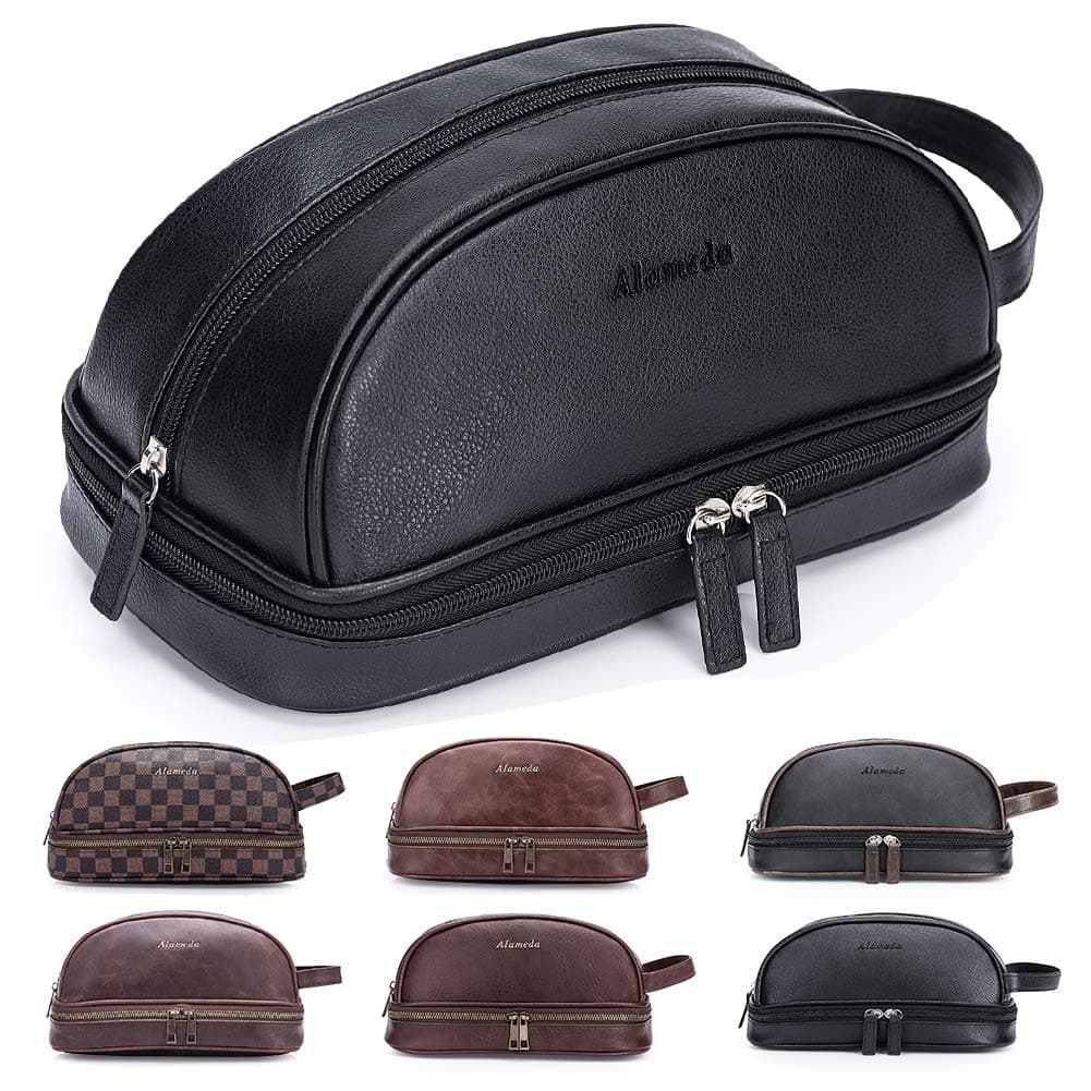 Semary Leather Toiletry Mens Bag Shaving Case Bags with Lots Pockets Plenty Space Large Compartments Durable Design Travel Pouch Dopp Kit for Men Women - Black