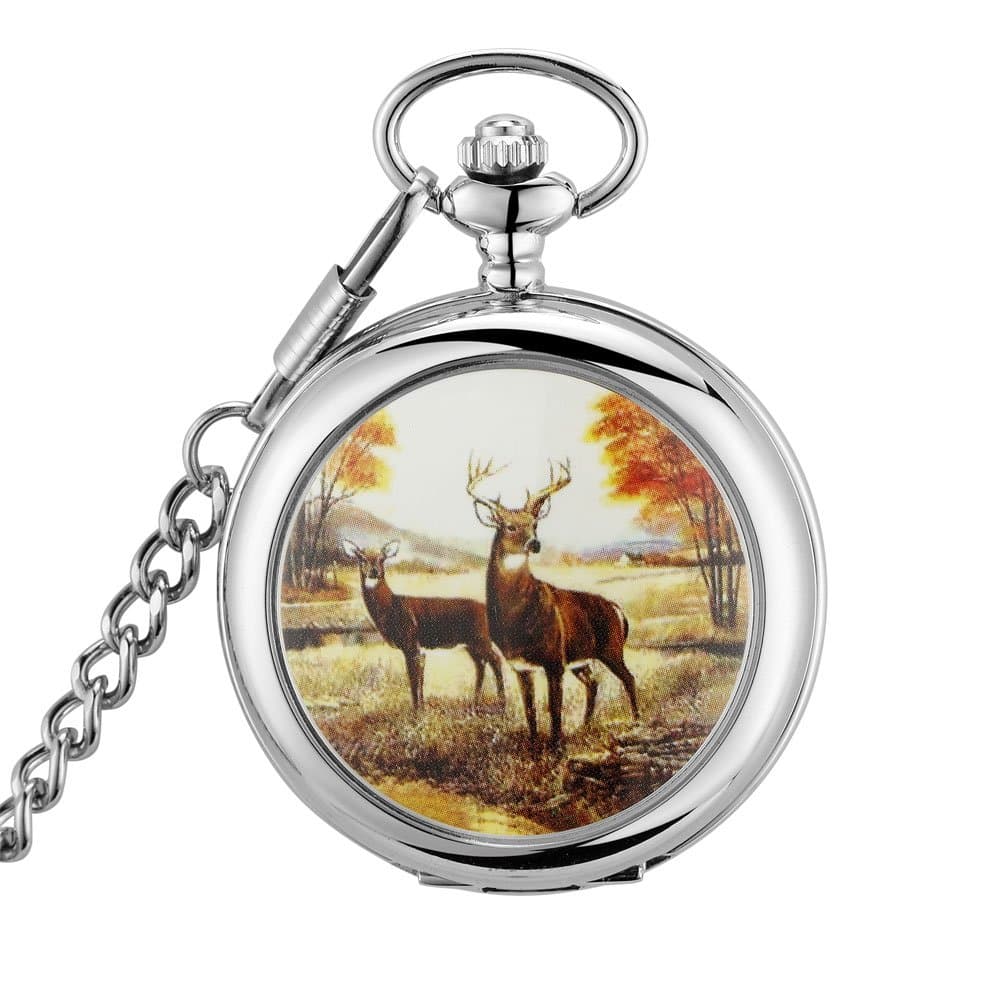 Antique Smooth Quartz Deer Pocket Watch with 14.5 inches Steel Silver Chain for Men Xmas Fathers Day Gift (Orange)